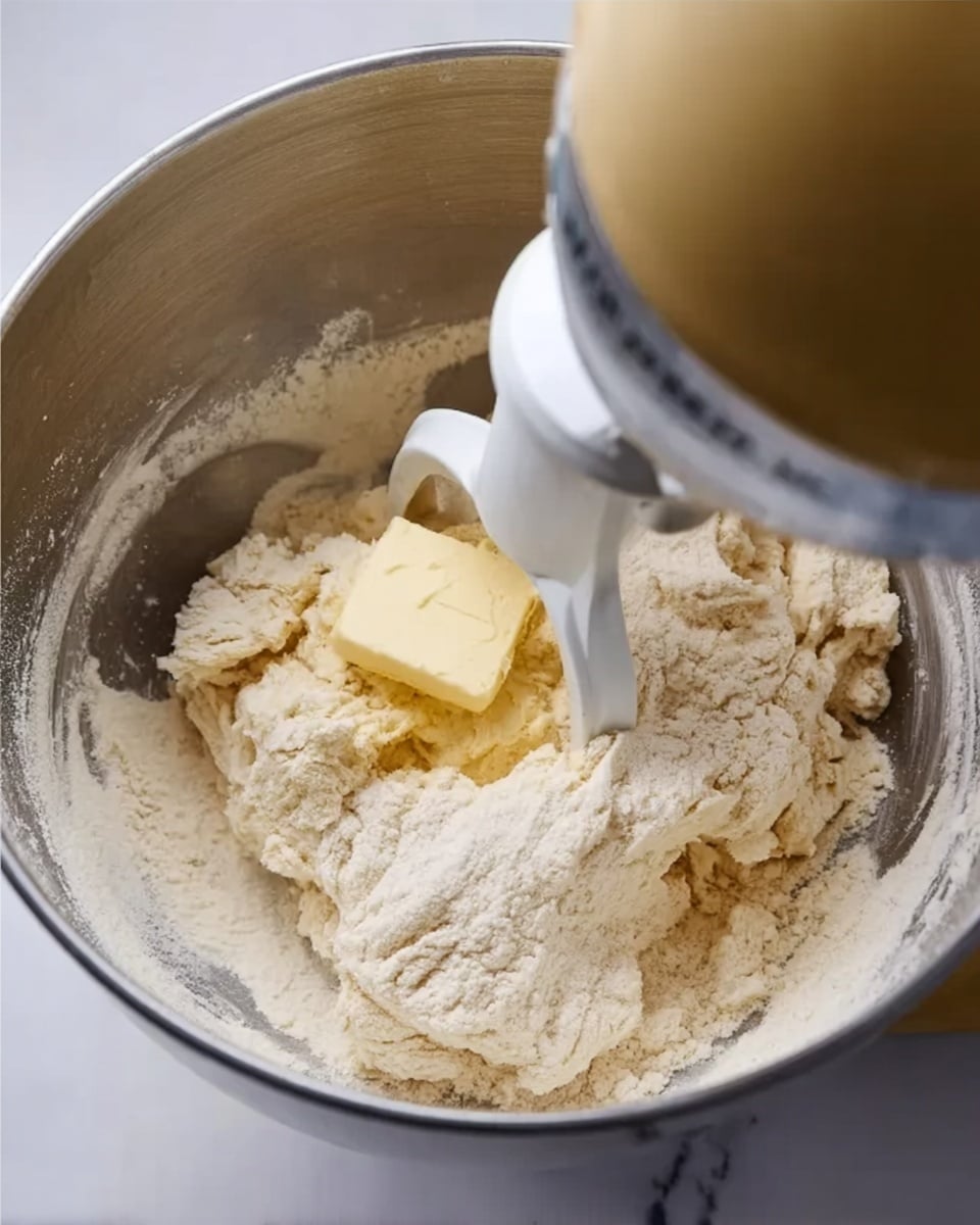 A close-up image showing a metal mixing bowl with flour and a small block of butter inside. The ingredients are being mixed by a white paddle attachment connected to a gold-colored stand mixer. The dough is starting to come together, showing a rough texture with some dry flour still visible around the edges. The bowl rests on a white marbled surface. photo taken with an iphone --ar 4:5 --v 7