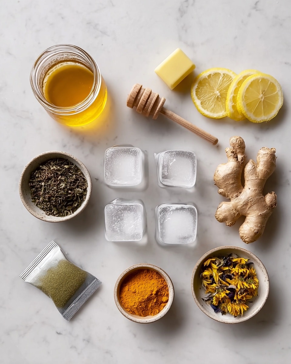 A neatly arranged set of ingredients on a white marbled surface includes a small glass jar filled with golden honey on the top left, a small round bowl with dark dried herbs below it, and a green powder in a small sealed silver packet at the bottom left. Near the center are four clear ice cubes in a square shape, with a wooden honey dipper resting partly over three melting ice cubes above them alongside a small yellow tablet. To the right, there is a small round bowl filled with yellow and dark dried flower petals, fresh knobby ginger roots below it, three lemon slices stacked near the bottom center, and a small round bowl filled with bright orange powder near the bottom right. Photo taken with an iphone --ar 4:5 --v 7