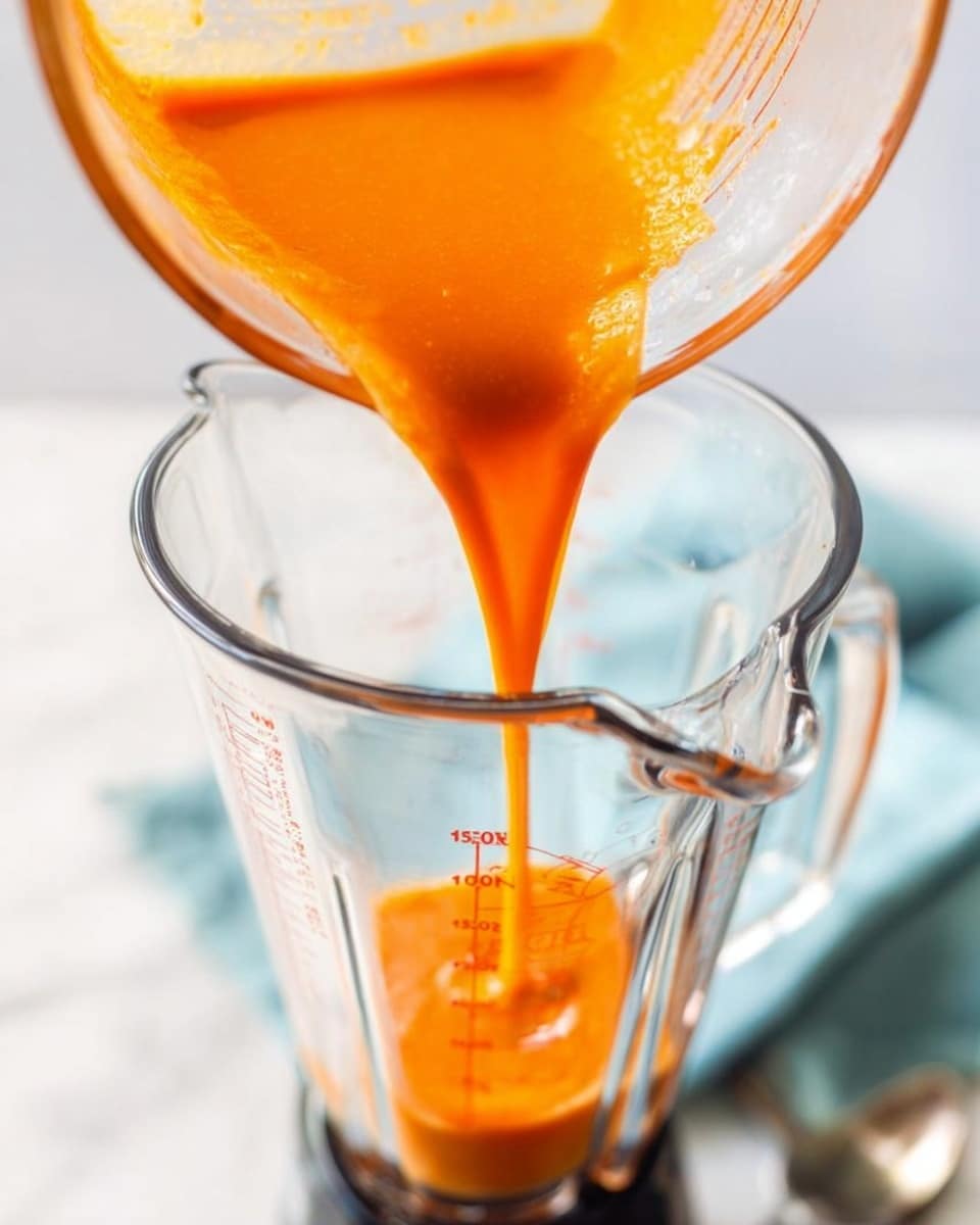 A close-up image shows bright orange liquid being poured from a clear glass measuring cup into a clear blender container. The liquid forms a smooth stream and starts to pool at the bottom of the blender. The blender sits on a white marbled surface, with a soft blue cloth and a silver spoon visible nearby. photo taken with an iphone --ar 4:5 --v 7