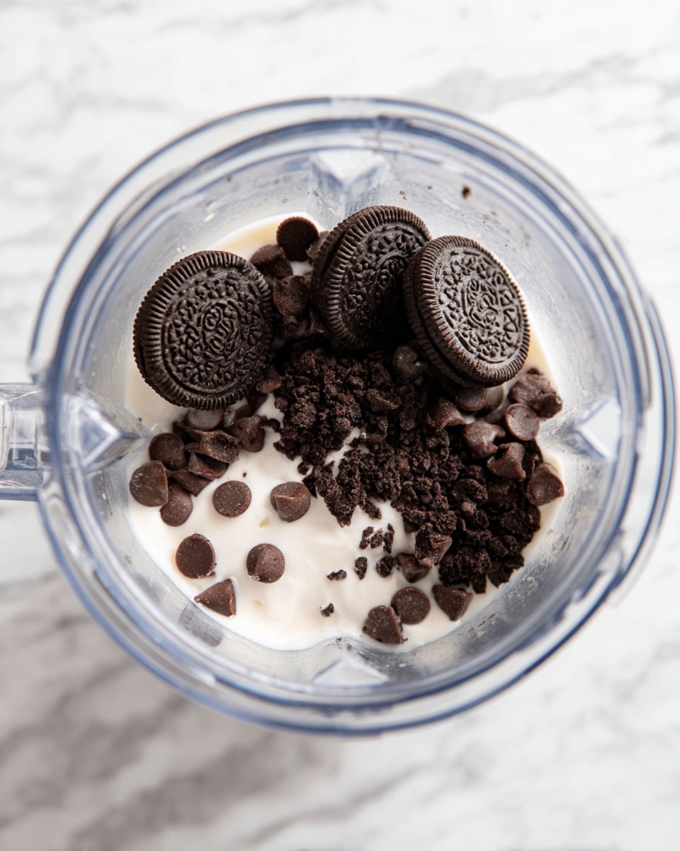Inside a clear blender container, there is a mix of three visible layers: the bottom layer is white and creamy, likely a dairy or ice cream base; on top of this, there are whole dark brown sandwich cookies positioned upright and lying flat, showing their textured surfaces; scattered all over both the cream and cookies are small, smooth, dark brown chocolate chips. The blender is placed on a white marbled surface, and the image is taken from above showing the ingredients clearly inside the blender. Photo taken with an iphone --ar 4:5 --v 7