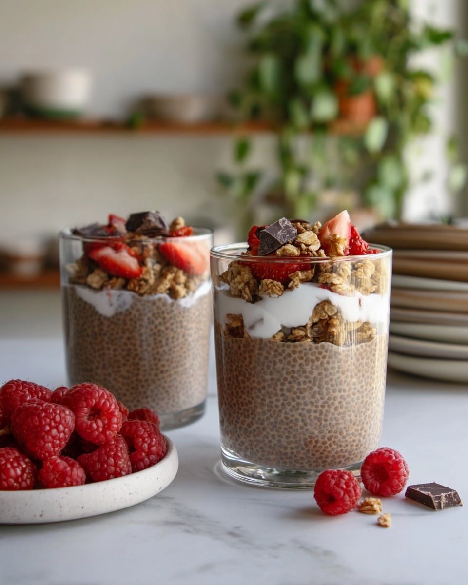 Two clear glass cups on a white marbled surface hold a dessert with three visible layers. The bottom layer is light brown chia pudding with a bumpy texture, filling most of the cup. On top of the pudding is a layer of white yogurt spread unevenly. The top layer features granola clusters, fresh red strawberry pieces, and small chunks of dark chocolate scattered over the yogurt. In front of the cups, there is a small white bowl filled with bright red raspberries. The background includes blurred green hanging plants and stacked dishes, all softly lit. photo taken with an iphone --ar 4:5 --v 7
