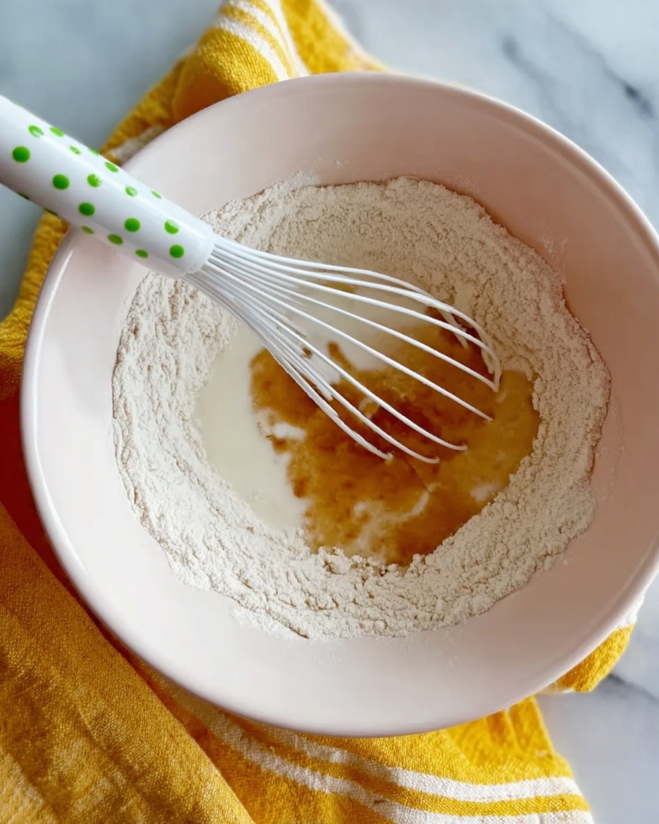 A white whisk with green dots is resting inside a white bowl filled with flour, milk, and a light brown liquid, all unmixed. The flour forms a rough ring around the creamy milk and the brown liquid on one side. The bowl is placed on a white marbled surface with a yellow and white striped cloth nearby. photo taken with an iphone --ar 4:5 --v 7