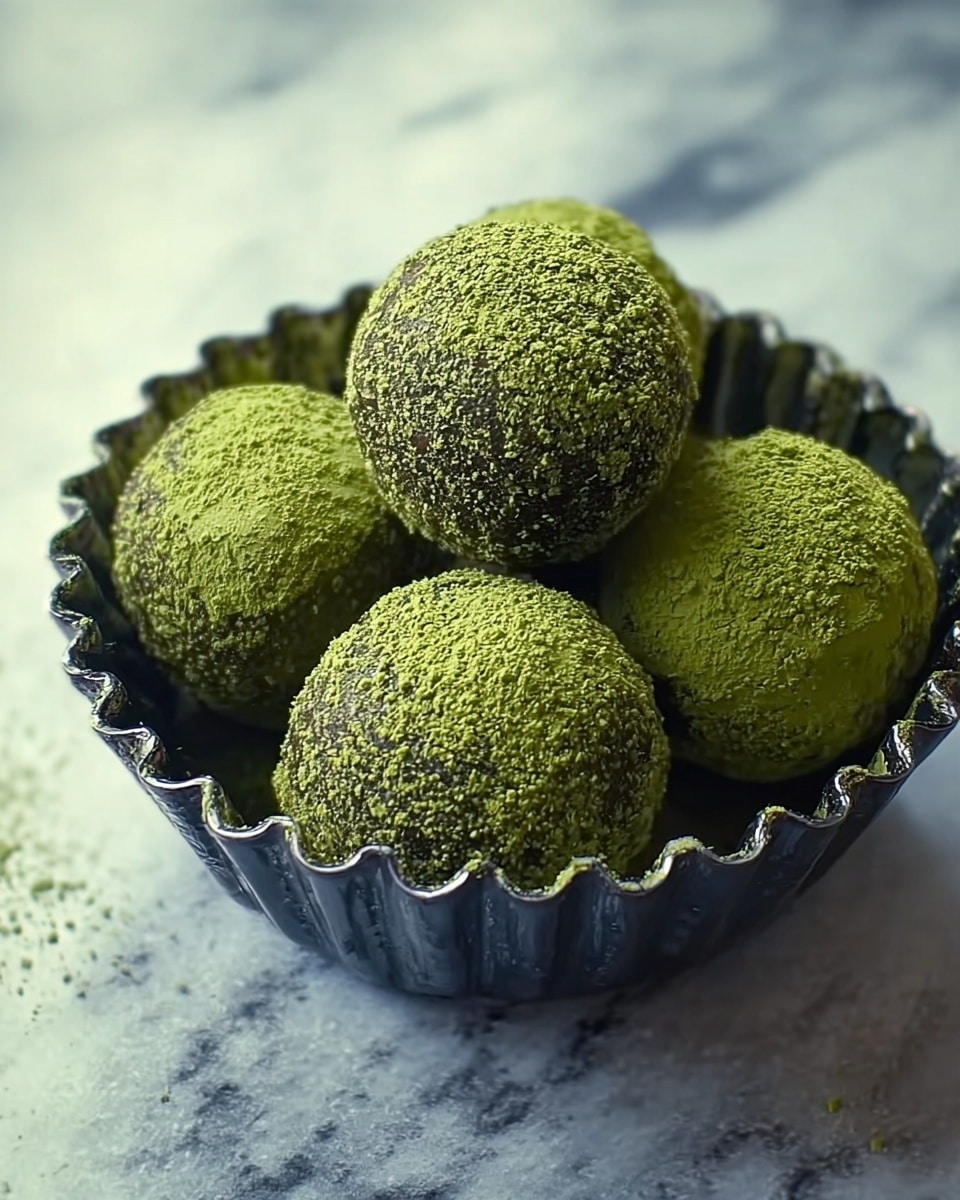 The image shows five round balls covered in a green powder that look like matcha snacks, placed inside a dark fluted bowl. The balls have a rough texture from the powder, and the bowl holds them closely together. The background is a white marbled texture, adding a soft and clean look to the picture. The lighting is natural, highlighting the green color on the balls clearly. photo taken with an iphone --ar 4:5 --v 7