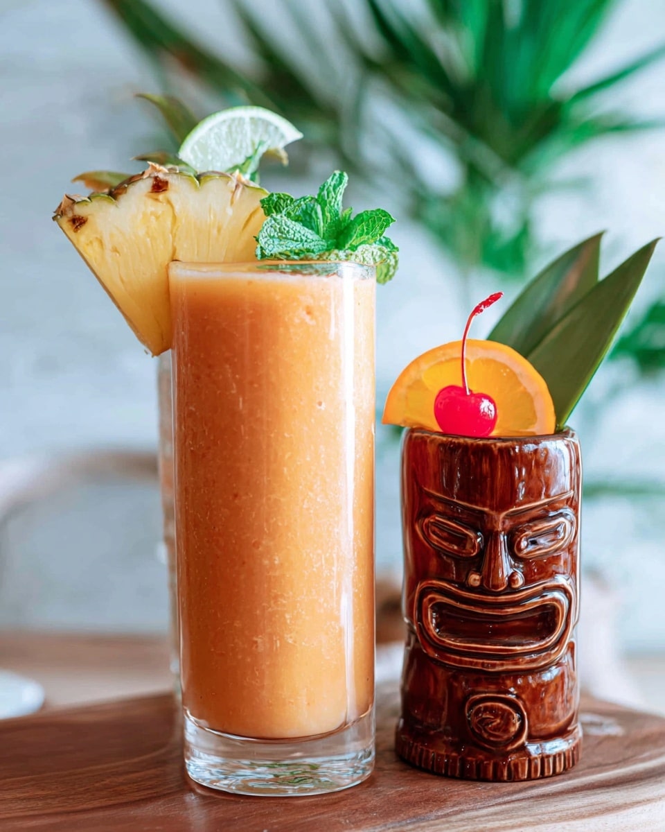 A tall clear glass holds a light orange smoothie with a smooth, slightly frothy texture, almost filling the glass. It is garnished on the rim with a thick triangle slice of pineapple, a thin lime slice behind it, and some fresh green mint leaves tucked beside the fruit. Next to the glass is a small shiny brown tiki mug with a carved face, decorated with a small orange slice, a bright red cherry on a tiny stick, and a long green leaf. The drinks are sitting on a wooden surface with a white marbled background and some blurred green leaves in the back. Photo taken with an iphone --ar 4:5 --v 7