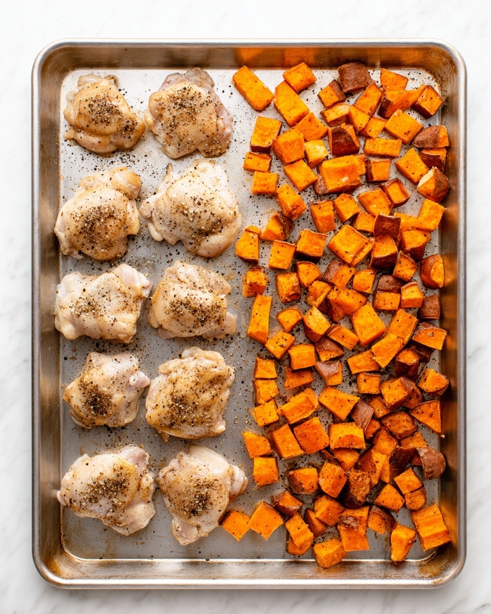 A metal baking tray is shown on a white marbled background, with eight pieces of cooked chicken thighs on the left side. The chicken pieces are light golden with a sprinkle of black pepper on top. On the right side, there are many small orange cubes of cooked sweet potatoes spread evenly across half the tray, some pieces showing darker brown edges. The tray and food are viewed from above. photo taken with an iphone --ar 4:5 --v 7