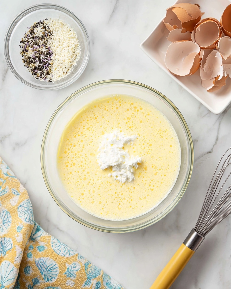 A clear glass bowl sits centered on a white marbled surface, filled with a light yellow mixture that appears slightly frothy and bubbly, with a dollop of white cream or cottage cheese on top in the center. Above the bowl, there is a small clear glass bowl filled with a mix of black, white, and brown seeds and flakes. On the right side, a square white dish holds several cracked brown eggshells. A silver whisk with a black and yellow handle lies diagonally on the right edge of the image. In the lower left corner, a cloth with a pattern of yellow, blue, and white shapes folds slightly onto the marble surface. Photo taken with an iphone --ar 4:5 --v 7