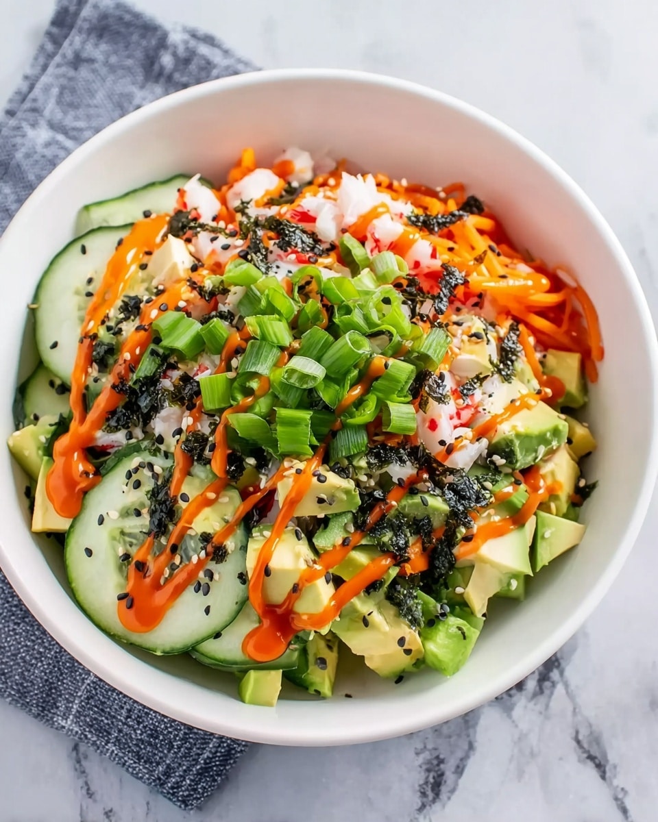 In a white bowl placed on a white marbled surface, there is a layered salad starting with a base of thin green cucumber slices mixed with orange carrot strips. On top, there are chopped light green avocado chunks and red and white crab stick pieces scattered evenly. The salad is sprinkled with black sesame seeds and small bits of dark green seaweed. Bright orange drizzle of sauce crisscrosses the top, with a few drops of a darker red sauce adding contrast. Fresh green chopped spring onions are spread on the very top. Photo taken with an iphone --ar 4:5 --v 7
