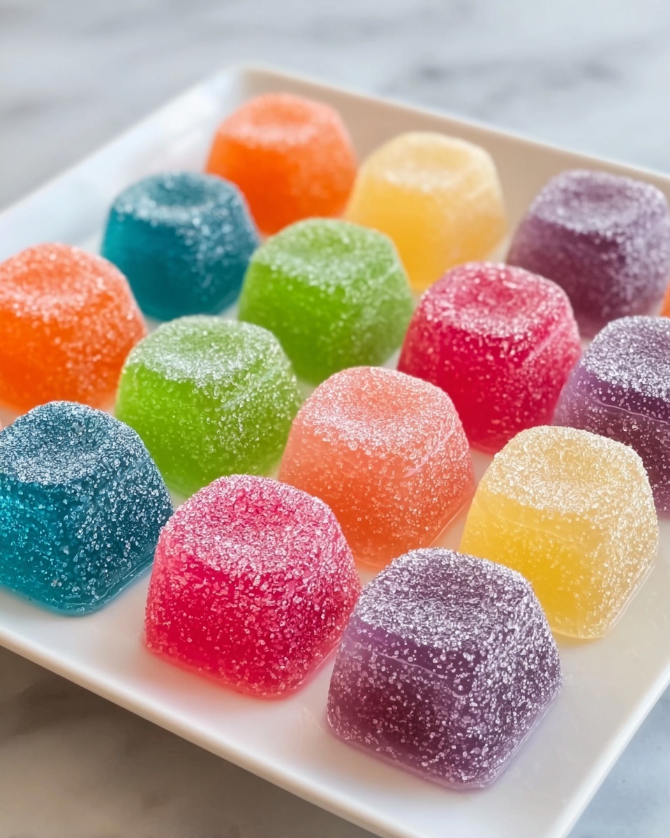 The image shows a white square plate on a white marbled surface holding twelve small jelly candies arranged in neat rows. Each jelly is shaped like a rounded square with a hollow center on top, covered in a layer of sugar crystals that sparkle in the light. The colors of the jellies vary: bright orange, green, blue, deep pink, light yellow, purple, and lighter pink, creating a rainbow effect across the plate. The jellies look shiny and smooth beneath the sugar, giving a fresh and juicy appearance. Photo taken with an iphone --ar 4:5 --v 7