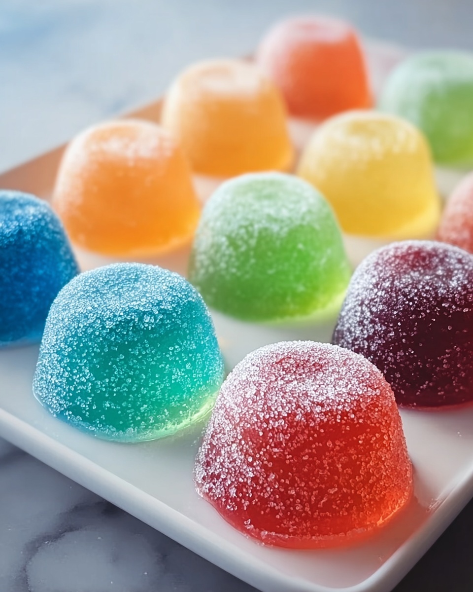 The image shows several small jelly-like candies arranged neatly on a white plate. Each candy is dome-shaped with a smooth, shiny surface covered in a layer of sugar crystals that sparkle under the light. The candies come in different colors including blue, green, orange, yellow, red, and purple, creating a bright and cheerful mix. They are placed in rows, each row containing candies of varied colors. The white plate contrasts with the colorful candies, and the background has a soft focus with a white marbled surface beneath the plate. photo taken with an iphone --ar 4:5 --v 7