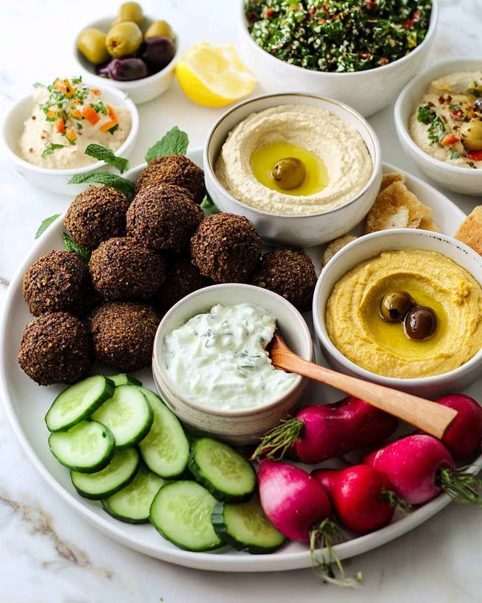 A white plate holds a colorful Mediterranean platter arranged in layers. Around the edges, there are dark brown falafel balls with a rough texture. In the front center, sliced green cucumbers and bright red radishes create a fresh contrast. Moving inward, a small white bowl with a wooden spoon contains creamy white tzatziki sauce with green herbs. To the right of it, a white bowl filled with yellow hummus topped with olive oil and a single olive. Behind it, another bowl contains a beige, coarse-textured dip with olive oil and an olive on top. Towards the back, a bowl of green tabbouleh salad is visible. A lemon wedge sits near the hummus. The background is a white marbled surface. photo taken with an iphone --ar 4:5 --v 7