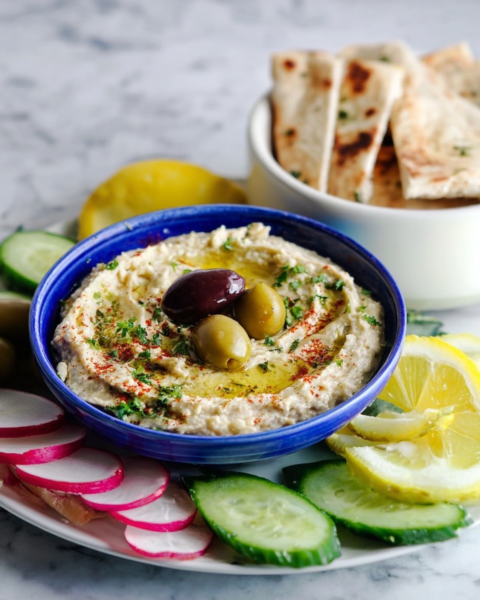 A white plate holds a blue bowl filled with a creamy light beige dip, swirled on top with olive oil and sprinkled with green herbs and red spices. Three olives, one green, one brown, and one dark red, rest in the center of the dip. Around the bowl on the plate are fresh green cucumber slices, pink and white radish slices, a bright yellow lemon wedge, and pieces of flatbread. Behind the plate, there is a white bowl filled with more flatbread pieces, all set on a white marbled surface. Photo taken with an iphone --ar 4:5 --v 7