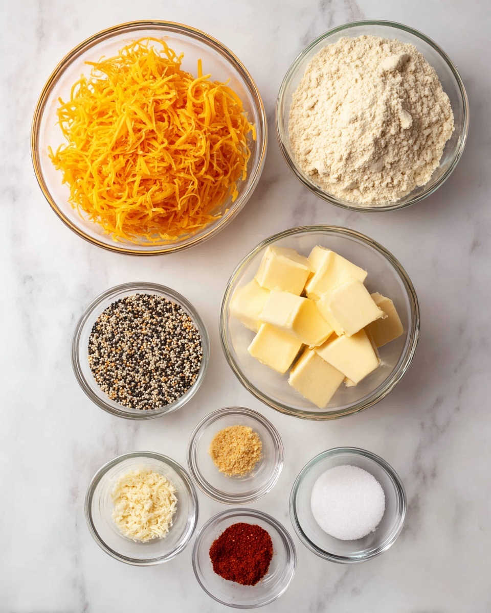 The image shows eight clear glass bowls arranged on a white marbled surface. There is one large bowl filled with shredded orange cheese at the top left. Below it is another large bowl with pale yellow flour. To the right of the cheese is a medium bowl with pale yellow cubes of butter. Below the butter is a small bowl with a mix of black and white seeds. There are four small bowls lined up below and to the right of the flour; two contain red spices, one has a light yellow powder, and the last one holds white salt. Each bowl clearly shows the texture and color of its contents, with a clean and bright presentation photo taken with an iphone --ar 4:5 --v 7