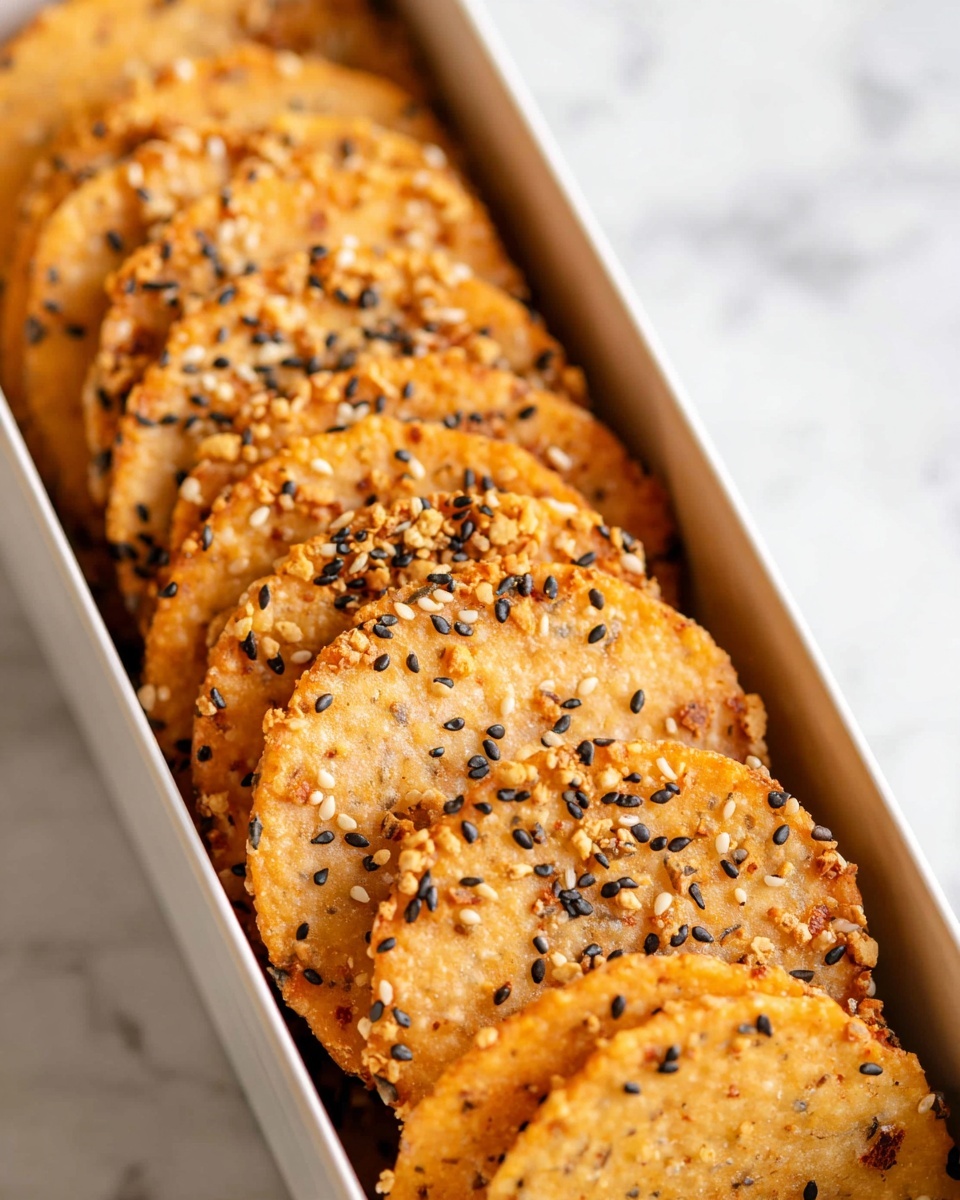 A close-up view of thin, round crackers arranged in a single row inside a white rectangular container. Each cracker is golden brown with a slightly rough texture, topped with a mix of black and white sesame seeds and small crunchy bits, creating a speckled pattern. The crackers have lightly uneven edges and appear crisp. The container is placed on a white marbled surface, adding a clean and bright background. Photo taken with an iphone --ar 4:5 --v 7