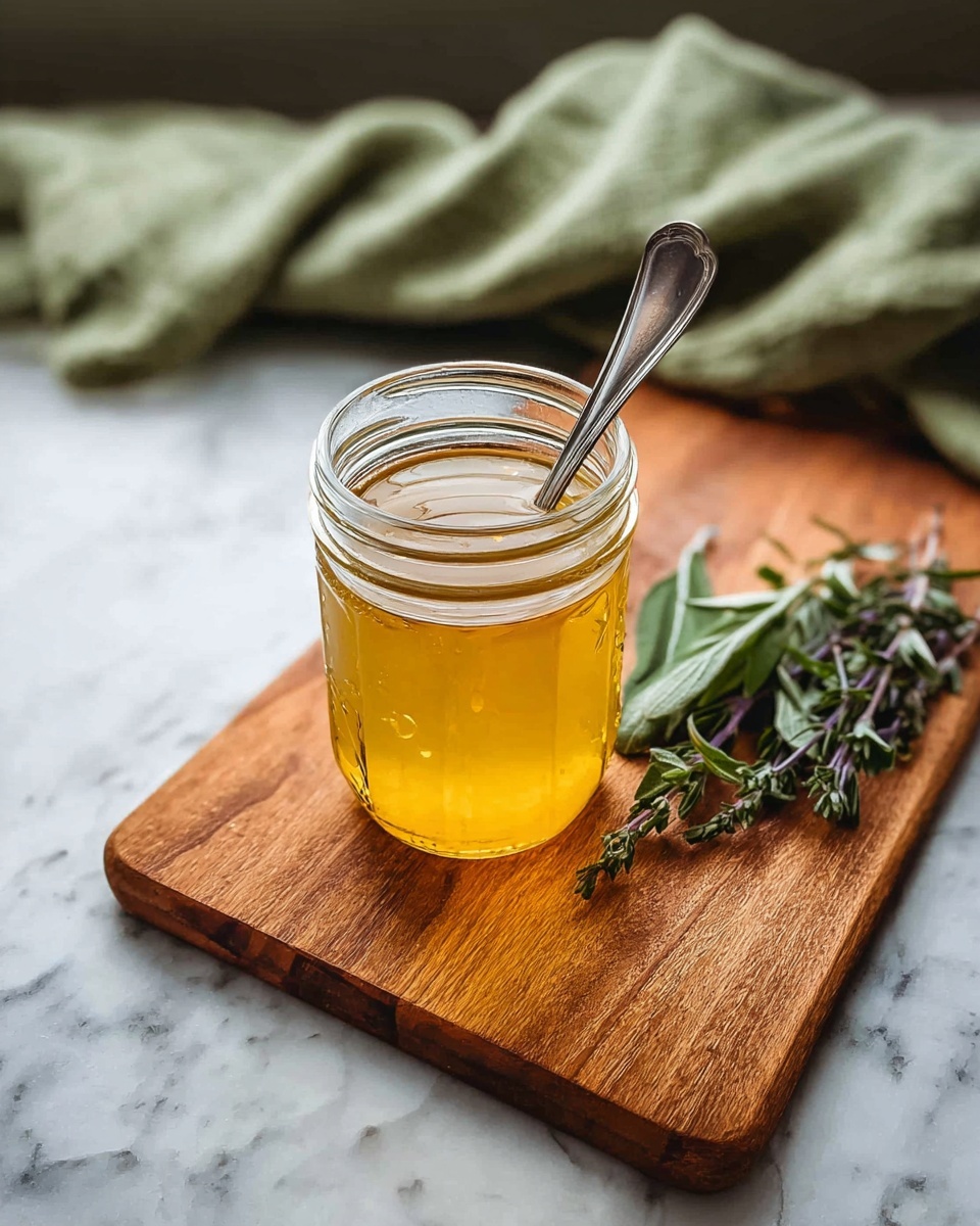 A clear glass jar filled with a golden-yellow liquid sits in the center of a wooden cutting board. Inside the jar, a silver spoon stands upright, partially submerged in the liquid. To the right of the jar, there are fresh green herb sprigs spread out on the cutting board. The cutting board rests on a white marbled surface with a soft olive-green cloth softly placed behind it. Photo taken with an iphone --ar 4:5 --v 7