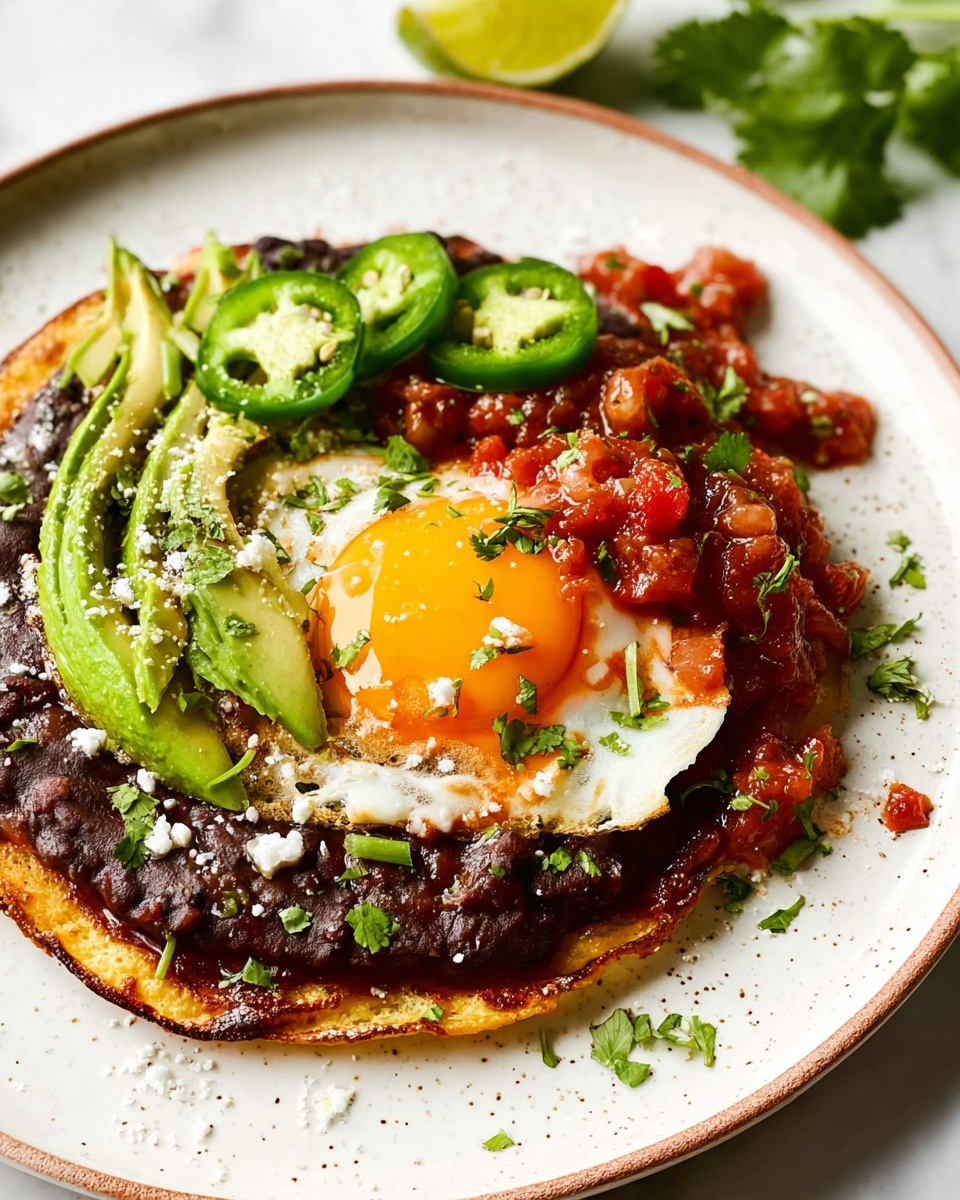 The dish is shown on a white plate with a speckled pattern and a brown rim, placed on a white marbled surface. The bottom layer is a golden-brown tortilla, slightly crisped. On top of the tortilla is a thick, dark layer of mashed black beans spread evenly. Above this is a sunny-side-up egg with a bright yellow yolk and white edges that have a slight crisp. Around the egg, chunks of red salsa with visible tomato pieces add a splash of color. Several slices of bright green avocado are fanned out to one side, and thick slices of green jalapeño peppers are placed near the egg. Small bits of chopped green herbs are sprinkled over everything, along with some coarse white cheese and a light drizzle of sauce. A wedge of lime and fresh cilantro leaves sit in the background, completing the fresh look. Photo taken with an iphone --ar 4:5 --v 7