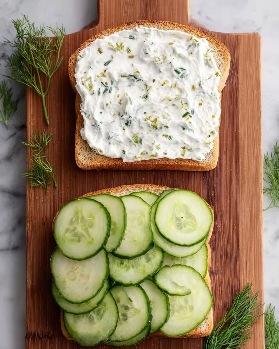 The image shows two slices of toast on a wooden board. The top slice has a neat layer of cream cheese spread on it, with small green herb pieces mixed in, giving it a textured, creamy white look with green specks. The bottom slice is topped with an even layer of cucumber slices arranged in a close grid pattern, the pale light-green of the cucumber skin and the translucent inner flesh creating a fresh, cool look. Sprigs of dill are scattered around the board, adding a touch of green detail. The background is replaced with a white marbled surface. photo taken with an iphone --ar 4:5 --v 7