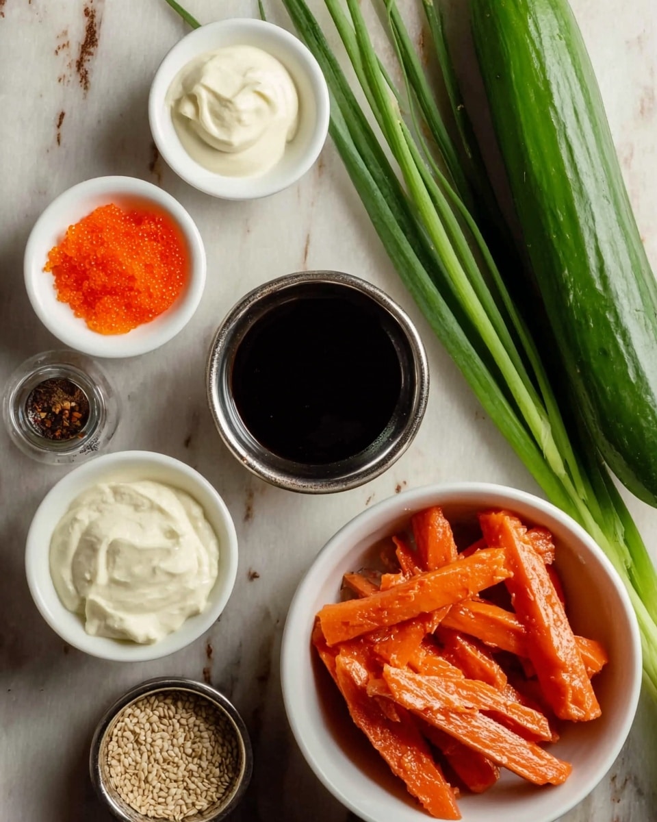The image shows a white bowl filled with orange crab sticks placed on the bottom right side. Around it, there are small white dishes and bowls: one with orange fish roe on the top left, one with creamy white mayo sauce on the top center, one with dark soy sauce on the middle left, one with another dark sauce in a silver bowl on the middle right, and one with sesame seeds in a small white bowl on the bottom left. Long green onions and a cucumber are placed diagonally across the top right corner of the image. The background is a white marbled surface. photo taken with an iphone --ar 4:5 --v 7