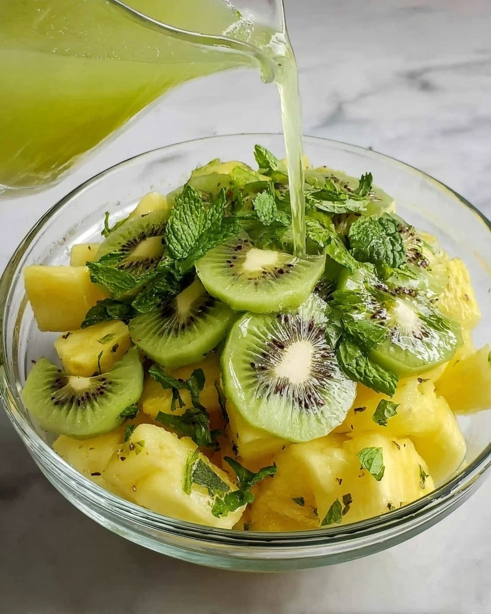 A clear glass bowl filled with a mixture of yellow pineapple chunks at the bottom, topped with bright green sliced kiwi pieces that show their seeds, and garnished with fresh green mint leaves. A pour of light green liquid is being added from a clear glass pitcher at the top left. The bowl sits on a white marbled surface. Photo taken with an iphone --ar 4:5 --v 7