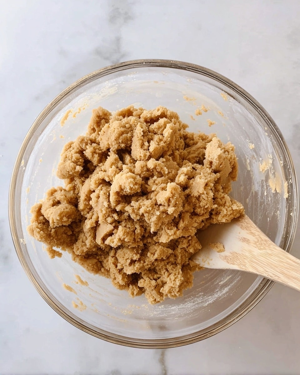 A clear glass bowl holds crumbly light brown dough with a rough texture, uneven and clumped together in the center of the bowl. A wooden spoon with dough residue leans inside the bowl on the right side. The bowl sits on a white marbled surface. photo taken with an iphone --ar 4:5 --v 7