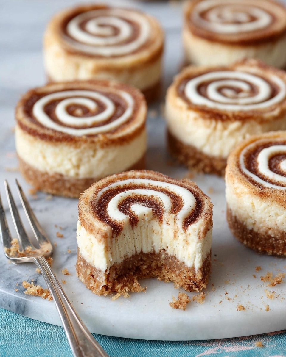 The image shows a group of small round cheesecakes on a white marbled surface. Each cheesecake has three visible layers: a golden brown crumbly base, a thick light cream cheese layer in the middle, and a thin darker brown cinnamon layer on top. On the very top, a white cream spiral is swirled evenly across the surface. One cheesecake in the front has a bite taken out of it, revealing all the layers clearly. Some crumbs are scattered near the missing piece, and a silver dessert fork with a small portion of cheesecake rests on the left side of the plate. Photo taken with an iphone --ar 4:5 --v 7