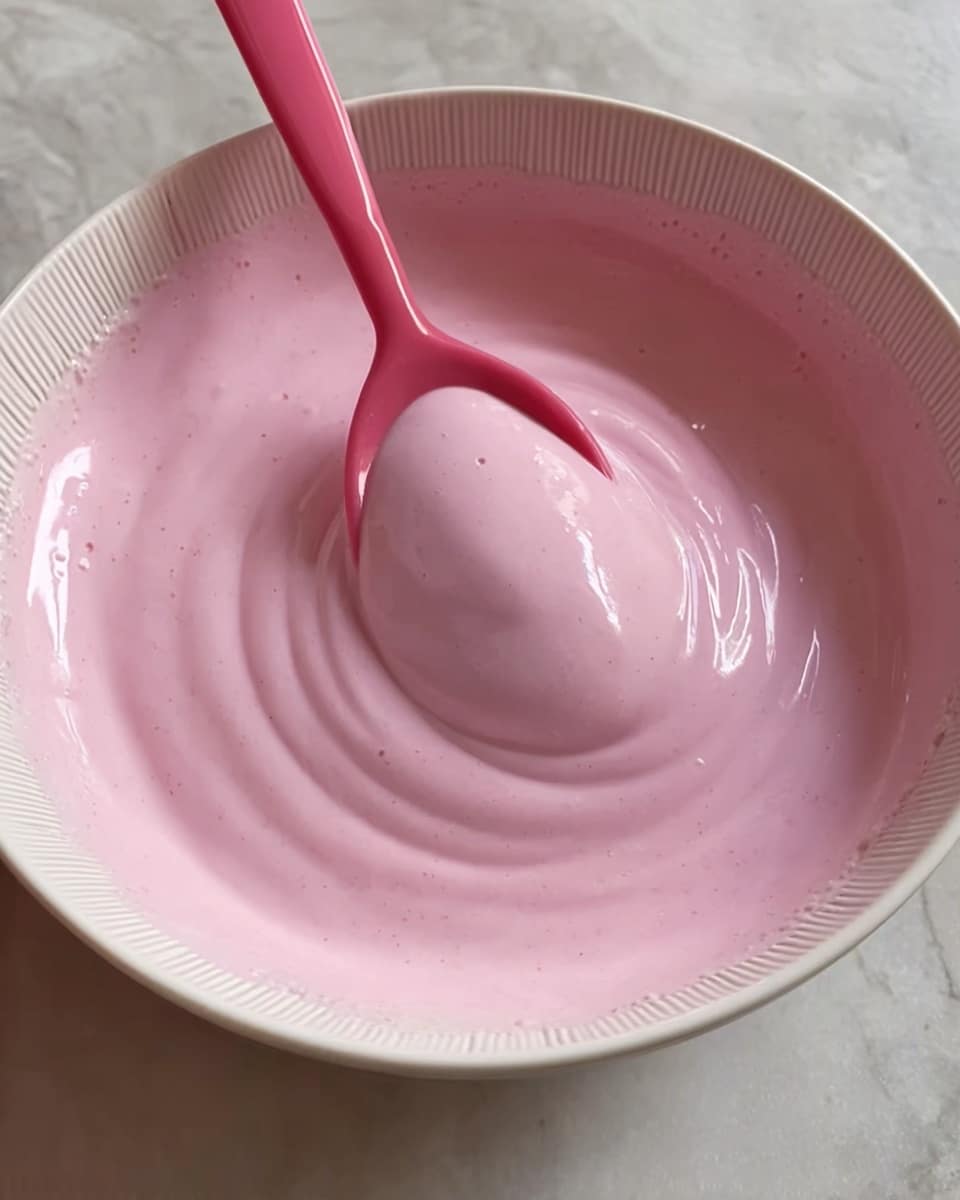 A white textured bowl filled with a smooth, glossy pink mixture. A pink spoon is dipped into the mixture, lifting a swirl of the thick, creamy pink substance. The close-up view shows the shiny texture and even color of the pink layer. The bowl sits on a white marbled surface. photo taken with an iphone --ar 4:5 --v 7