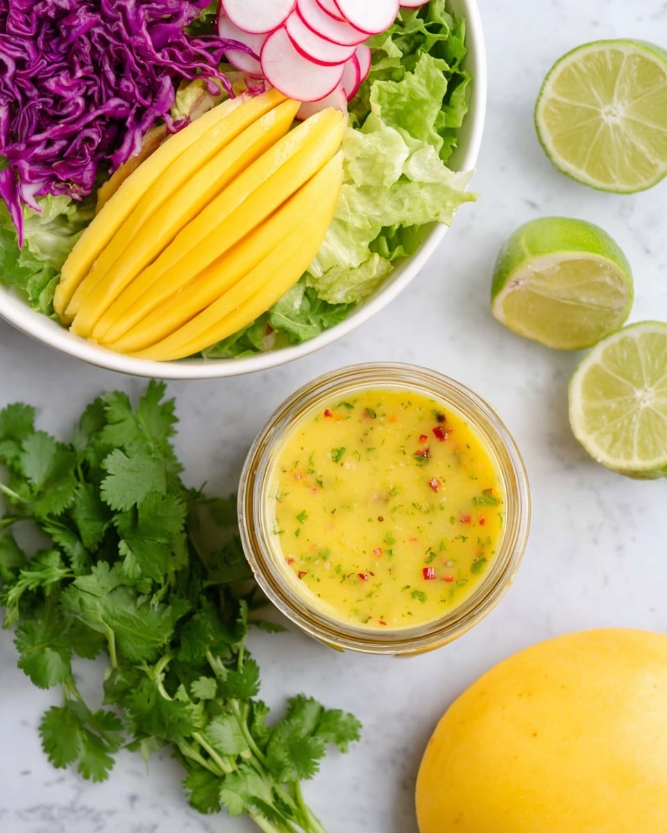 The image shows a top view of a small glass jar filled with yellow sauce or dressing that has visible green and red specks, placed on a white marbled surface. To the top left of the jar, there is a white bowl containing three layers of fresh vegetables: light green lettuce leaves at the bottom, thinly sliced radish with pink edges in the middle, and bright yellow mango slices layered in a fan shape on top. Next to the mango slices, there is a pile of shredded purple cabbage. Surrounding the jar are fresh cilantro leaves to the left, a whole mango cut in half with bright yellow flesh on the right, and two lime halves with a light green interior at the bottom. Photo taken with an iphone --ar 4:5 --v 7