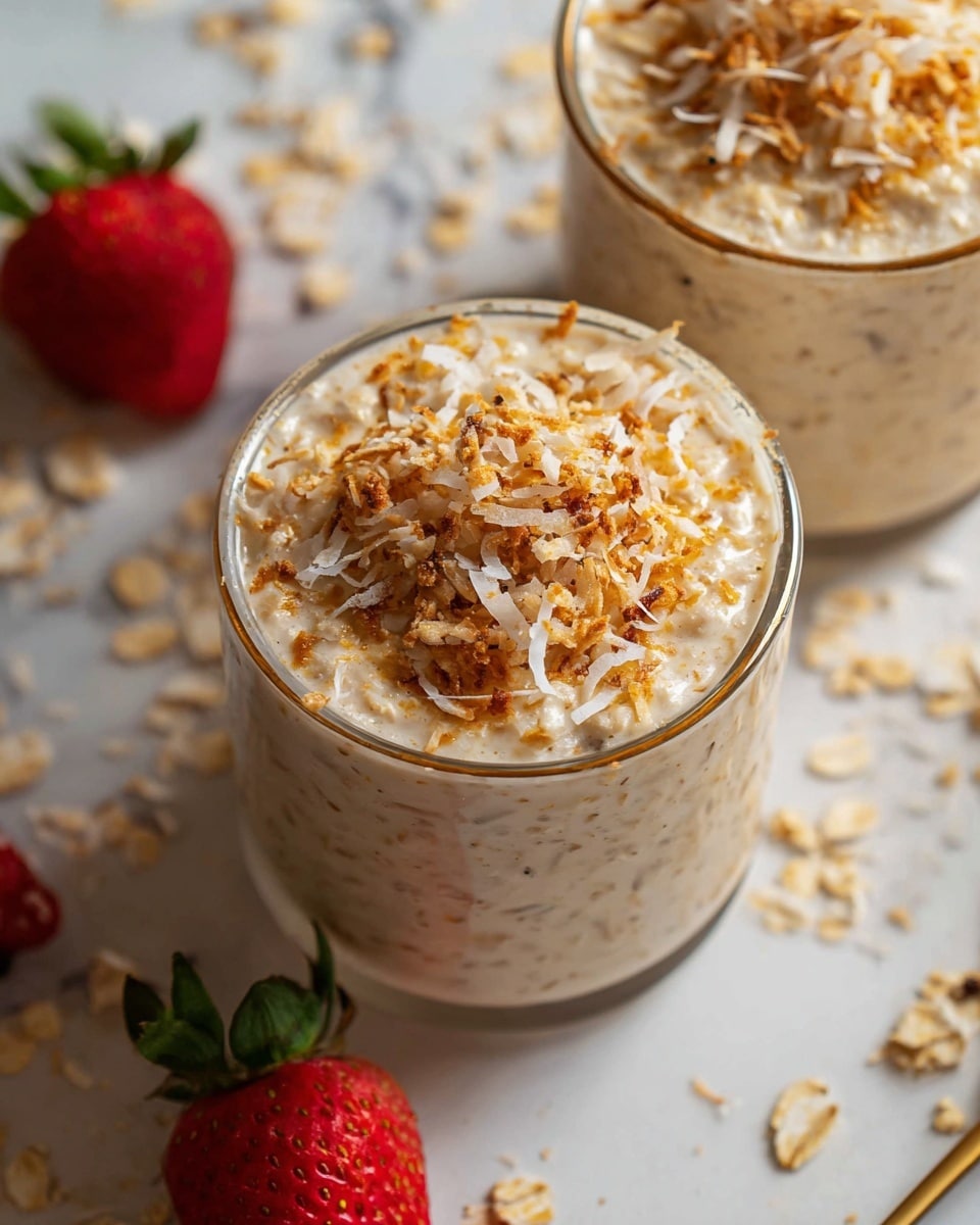A close-up of two glass cups filled with creamy oatmeal, with visible small oat pieces mixed inside. Each cup is topped with lightly toasted shredded coconut, giving a rough, golden-brown texture on top. The cups are sitting on a white marbled surface scattered with extra oats and toasted coconut flakes. Two red strawberries with green leaves are placed near the bottom left corner, adding a fresh, bright contrast. The photo has soft natural light, showing the warm, inviting colors and details of the oatmeal and toppings clearly. photo taken with an iphone --ar 4:5 --v 7