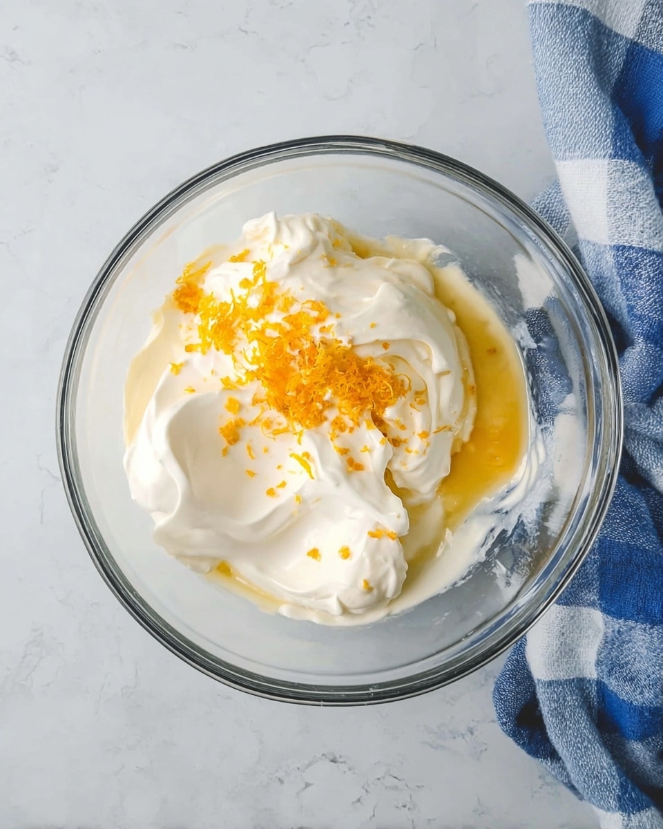 A clear glass bowl sits on a white marbled surface, filled with three main layers: a smooth, thick white cream base that covers most of the bowl bottom, a pool of light golden liquid drizzled gently on one side, and a bright orange zest sprinkled on the top right area, adding texture and color contrast. The bowl’s transparent texture allows the colors and layers inside to be easily seen. On the right edge, a folded blue and white checkered cloth slightly enters the frame. photo taken with an iphone --ar 4:5 --v 7