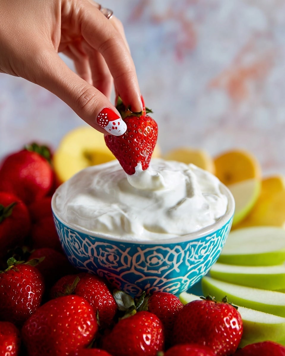 A woman's hand with festive red and white nail art is dipping a bright red strawberry into a bowl filled with thick, white creamy dip. The bowl is white with a blue patterned rim and is filled to the top with the smooth, fluffy dip. Surrounding the bowl are fresh, vibrant strawberries and light green apple slices arranged around it. The background has a white marbled texture with soft-focus colors of yellow and green fruits. photo taken with an iphone --ar 4:5 --v 7