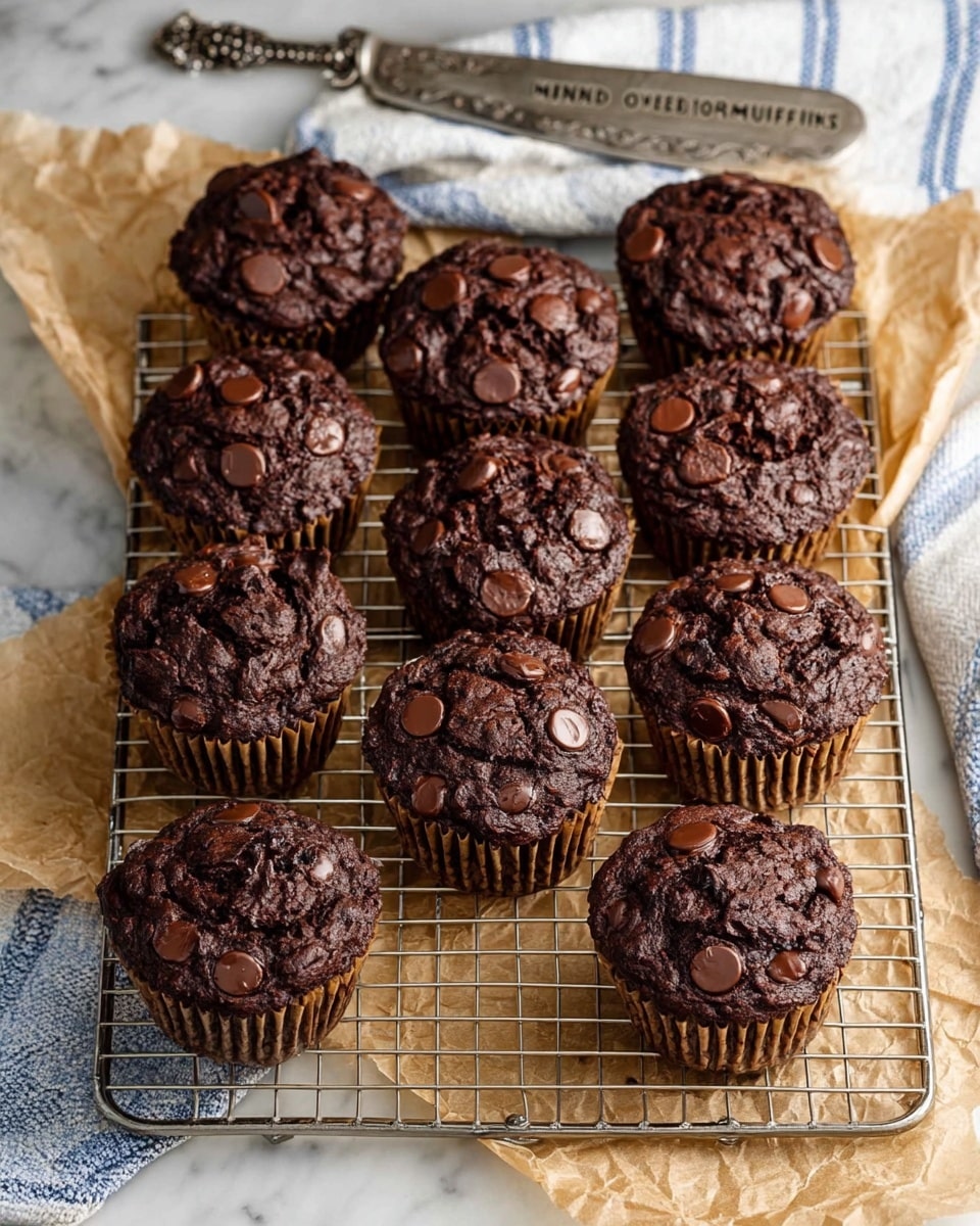 The image shows ten dark brown chocolate muffins with large, shiny chocolate chips on top, arranged on a silver wire cooling rack. The muffins have a rough texture and are in brown paper liners with ridged edges. Under the rack is a crinkled light brown parchment paper, all placed on a white marbled surface. Above the muffins, a small silver butter knife with floral decoration and the words