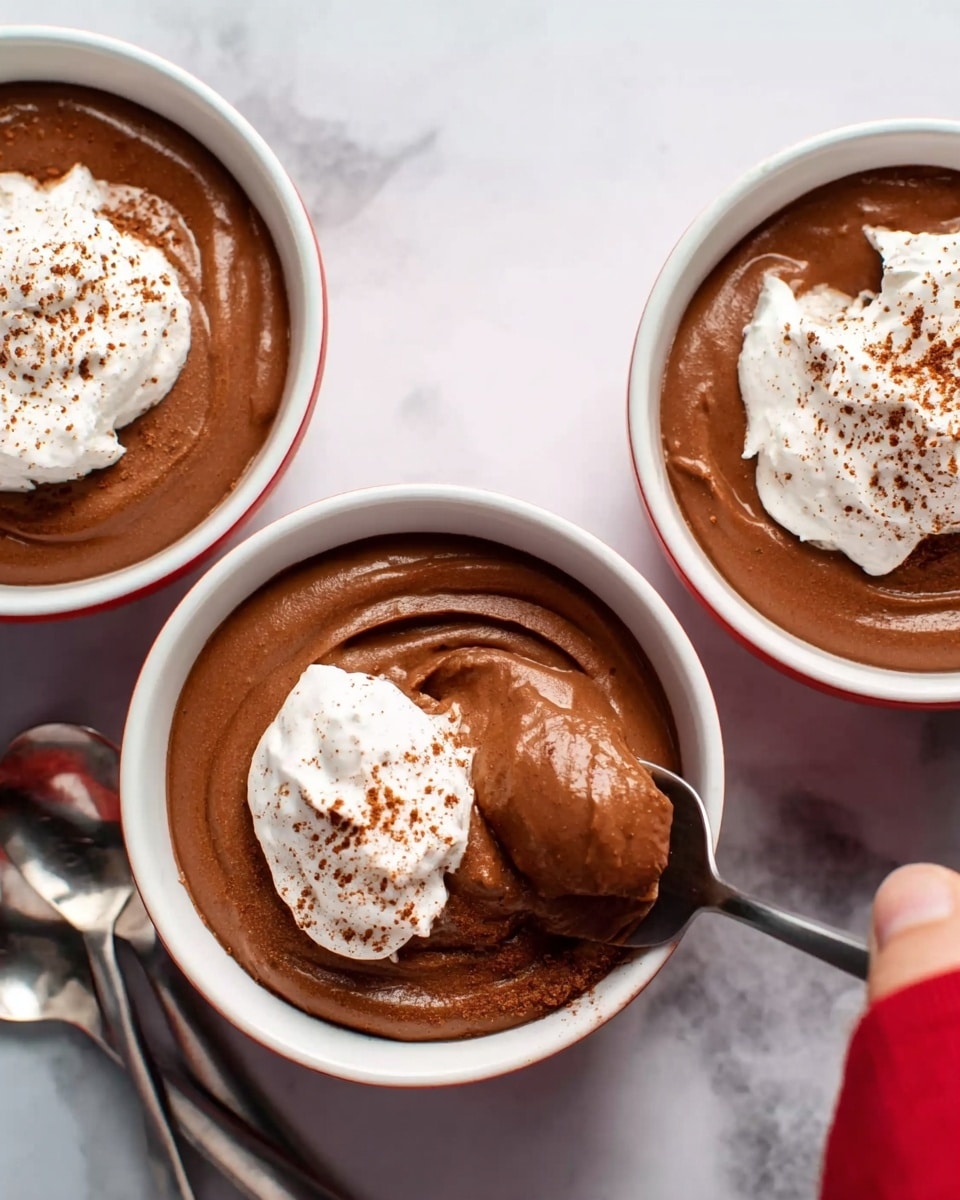 The image shows three white bowls filled with smooth, creamy dark brown chocolate mousse. Each bowl has a dollop of white whipped cream on top, sprinkled with a light dusting of cocoa powder or cinnamon. The mousse has a soft, shiny texture with gentle swirls visible on the surface. In the middle bowl, a woman's hand holds a silver spoon lifting a scoop of the mousse with some whipped cream attached, showing the mousse’s thick texture. The bowls are placed on a white marbled surface with two additional silver spoons resting nearby. photo taken with an iphone --ar 4:5 --v 7