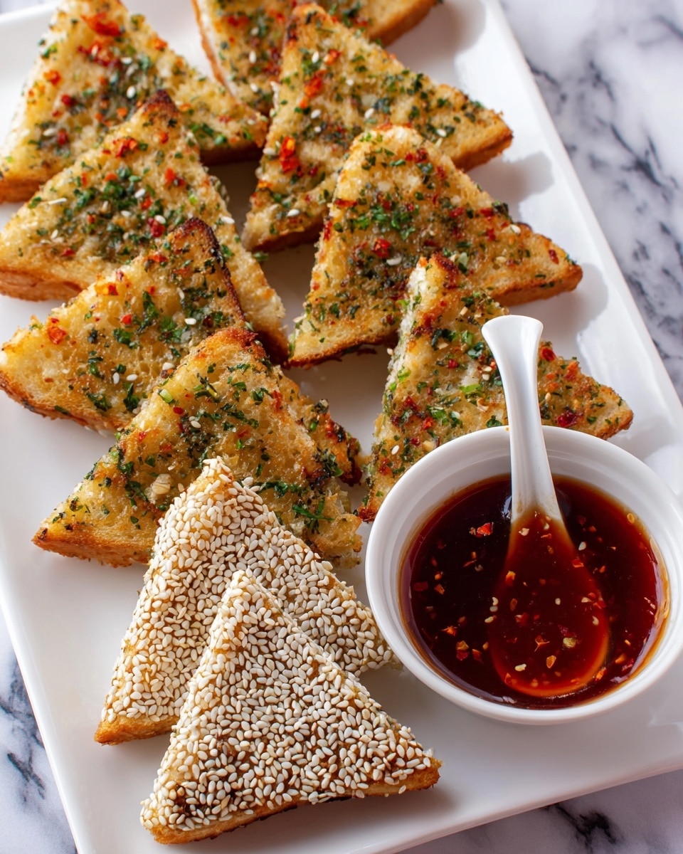 The image shows a white rectangular plate on a white marbled surface, holding several triangular pieces of toast arranged in rows. Each triangle has two distinct layers; the top layer is a golden toasted bread sprinkled with chopped green herbs and small bits of red pepper, showing a slightly crispy texture. The second layer, visible on the edges of some triangles, is covered in a thick coating of white sesame seeds, giving a crunchy look. Next to the toast pieces is a small white bowl filled with a shiny, deep reddish-brown dipping sauce, with a white spoon resting inside it. The overall presentation is neat and colorful, with the toasted triangles slightly overlapping each other, suggesting a savory snack. Photo taken with an iphone --ar 4:5 --v 7