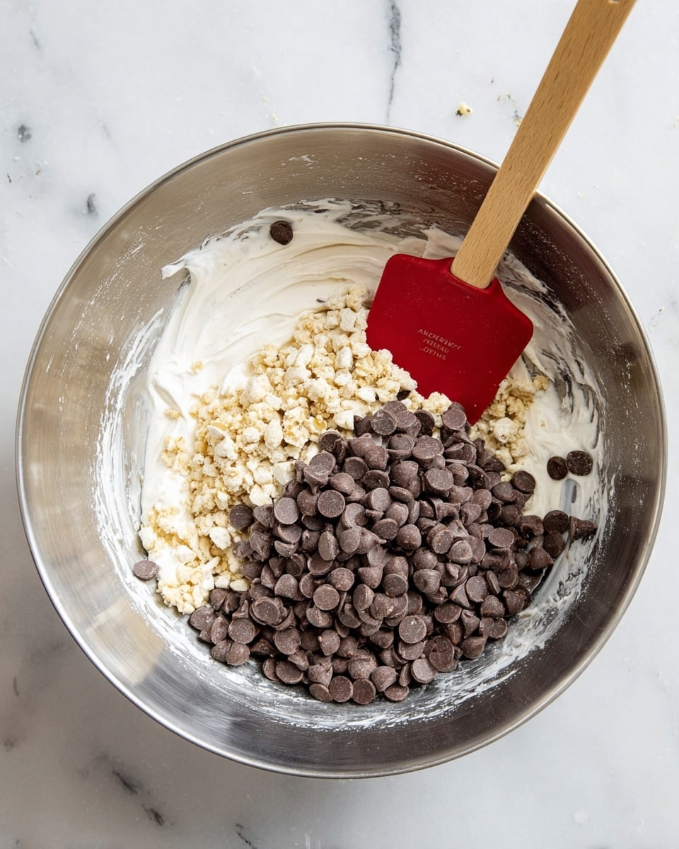 A large silver metal bowl on a white marbled surface holds a mix of three layers: at the bottom are small beige nut pieces with rough textures, a thick white creamy layer in the middle with smooth texture, and a top pile of dark brown round chocolate chips with a matte finish. A wooden-handled spatula with a red silicone head rests in the bowl, partly covered by the white creamy layer and nuts. Photo taken with an iphone --ar 4:5 --v 7