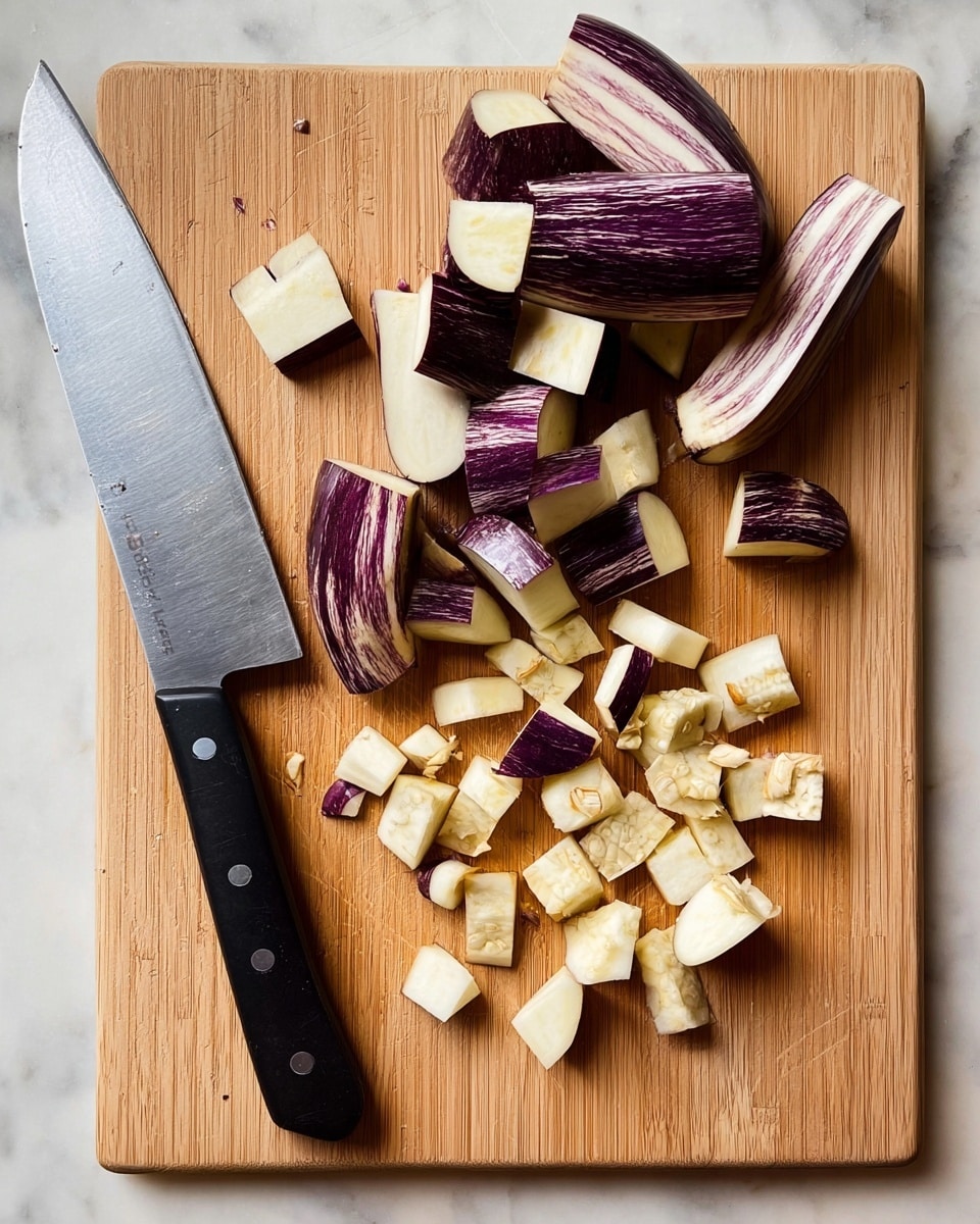 A light brown wooden cutting board on a white marbled surface holds a large kitchen knife with a black handle on the left side. To the right of the knife, there are purple and white striped eggplant pieces; some are large slices with smooth skin, and others are small cubed pieces showing pale cream flesh with visible seeds. The pieces are scattered in a casual, slightly messy arrangement. photo taken with an iphone --ar 4:5 --v 7