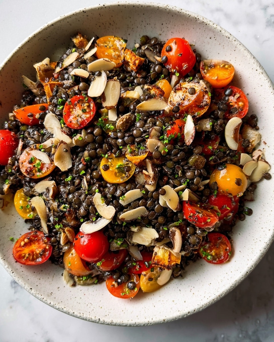 A white bowl filled with a lentil salad made up of black lentils, halved red and yellow cherry tomatoes, and small chunks of light brown roasted vegetables scattered throughout. Thin, light beige almond slices are spread over the top, along with small green herb pieces that add a fresh touch. The textures range from the smooth, shiny lentils to the slightly crispy edges of the roasted vegetables, all resting on a white marbled surface. photo taken with an iphone --ar 4:5 --v 7