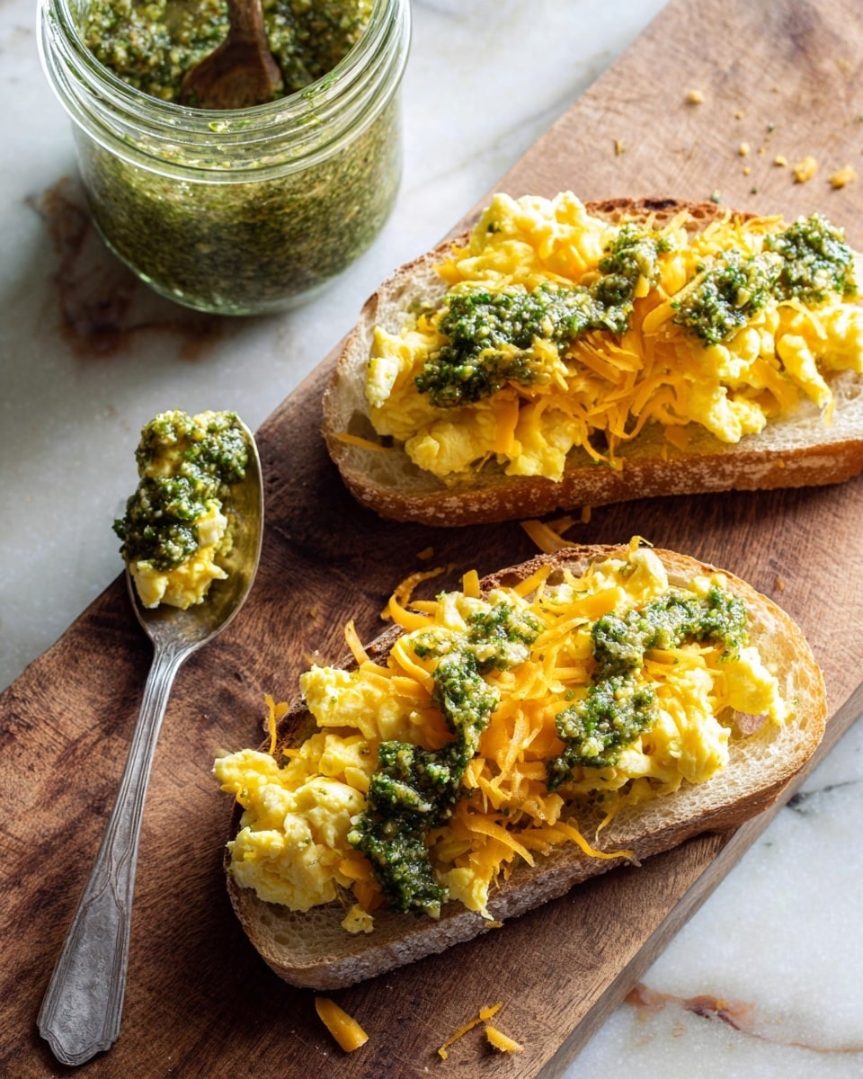 Two open slices of light brown bread are placed on a wooden board, each topped with a layer of shredded orange cheddar cheese, followed by soft, yellow scrambled eggs. Over the eggs, there is a drizzle of thick green pesto sauce with a slightly chunky texture. A silver spoon with some pesto sits beside the bread, and a glass jar full of green pesto is partially visible in the top left corner. The whole scene is set against a white marbled texture photo taken with an iphone --ar 4:5 --v 7