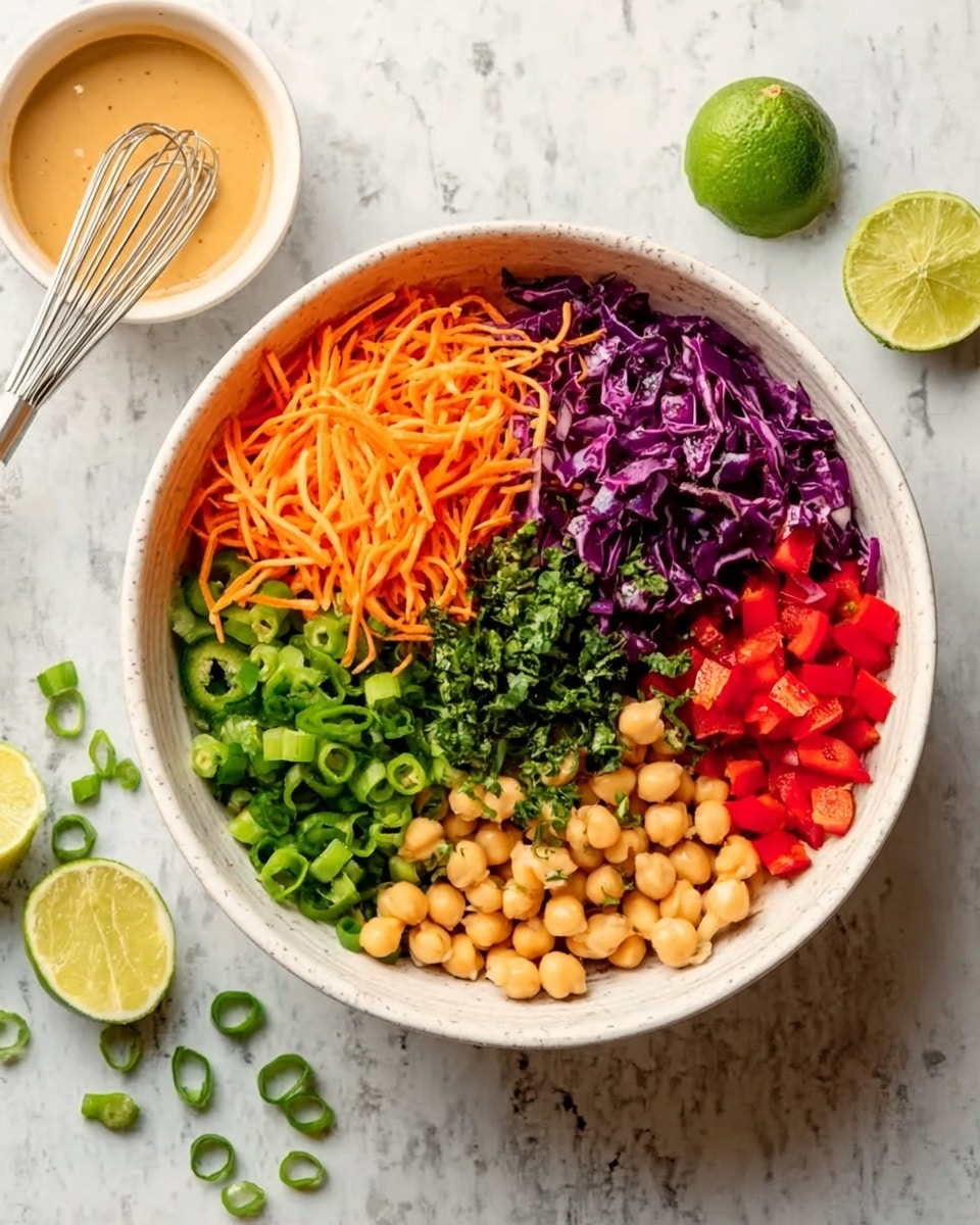 A white bowl with six distinct layers of salad ingredients arranged in a circle: bright orange shredded carrots at the top left, fresh green sliced scallions next to it, deep purple shredded cabbage on the top right, bright red chopped bell peppers beside it, beige round chickpeas at the bottom right, and a layer of finely chopped green herbs at the bottom left. Some small green jalapeno pieces rest near the chickpeas and scallions in the center, adding a touch of dark green. To the left of the bowl, there is a small bowl of light brown dressing with a small whisk inside. A halved lime and a few scattered green rings lie on a white marbled surface. Photo taken with an iphone --ar 4:5 --v 7