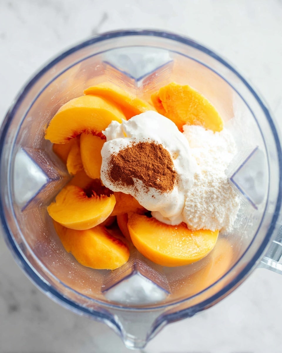 Inside a clear blender jar, there are bright orange frozen peach slices forming the bottom layer, topped with loose white powder on one side. On top of the peaches, there is a dollop of thick white creamy yogurt placed slightly off-center, with a sprinkle of brown cinnamon powder next to it. The shape of the blender jar and its blades can be clearly seen from above, with soft light reflecting off the smooth and transparent surface. The background is a white marbled texture photo taken with an iphone --ar 4:5 --v 7