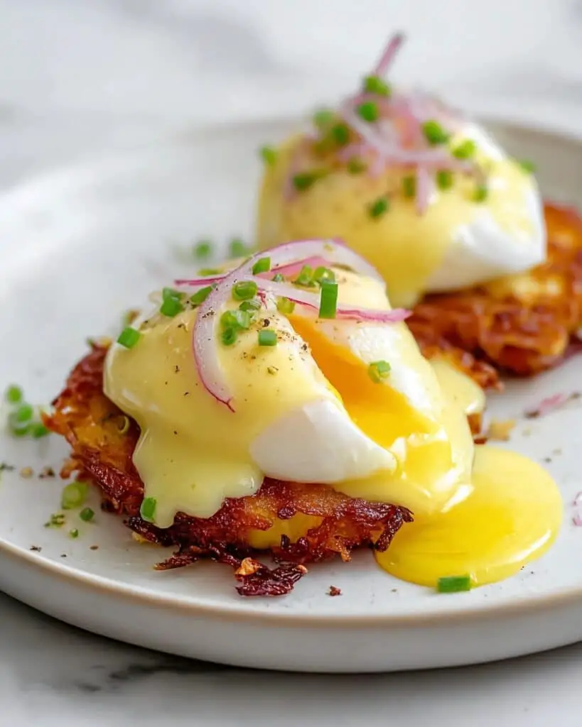 Potato Latkes Eggs Benedict with Lox and Hollandaise Recipe
