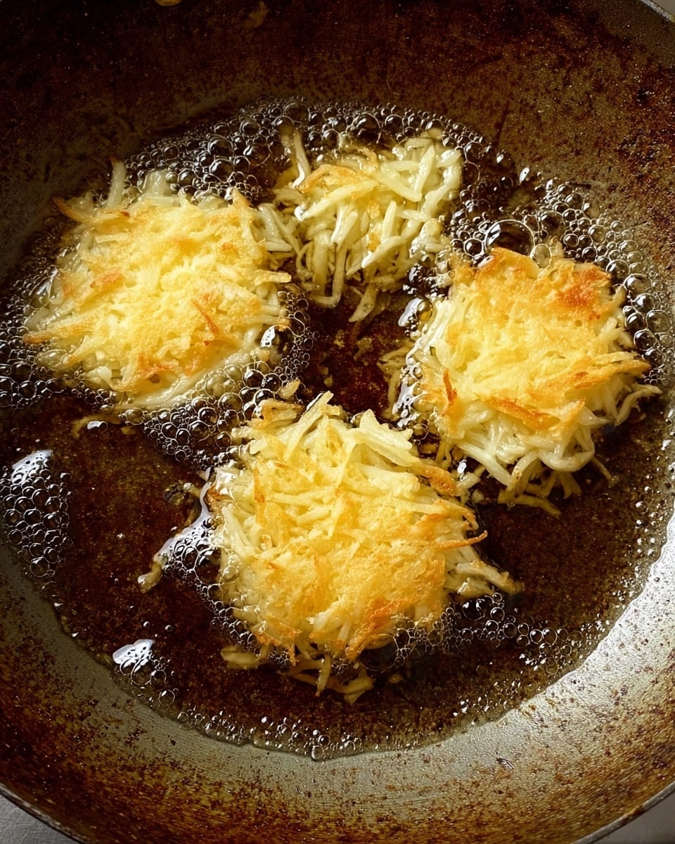 The image shows a close-up of three small piles of shredded potato frying in hot oil inside a well-used, dark, and slightly stained frying pan. Each pile is light yellow with noticeable shreds sticking out and bubbles of oil surrounding them as they fry. The pan surface has a mottled texture with signs of heavy use, and the frying potatoes are positioned unevenly with one at the bottom center and two closer to the top edges. The background is not visible, with the focus tightly on the potatoes in the pan photo taken with an iphone --ar 4:5 --v 7