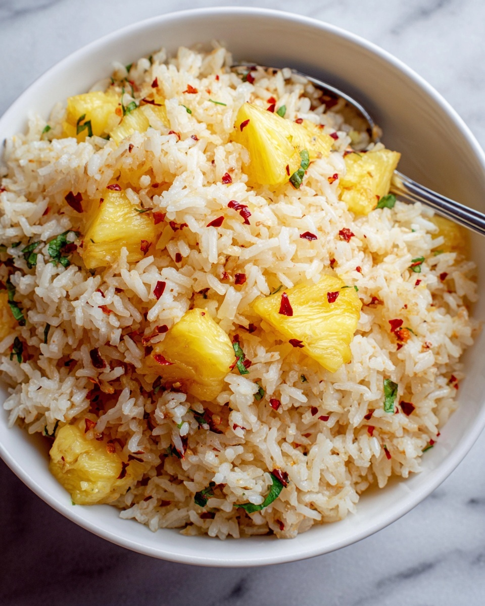 A white bowl filled with cooked rice mixed with small bright yellow pineapple chunks and small green herb pieces, sprinkled with red chili flakes scattered evenly throughout the rice. The texture of the rice is soft and slightly sticky with a gentle shine, while the pineapple pieces are juicy with a fibrous look. A silver spoon is partially visible inside the bowl, sitting on a white marbled surface. photo taken with an iphone --ar 4:5 --v 7