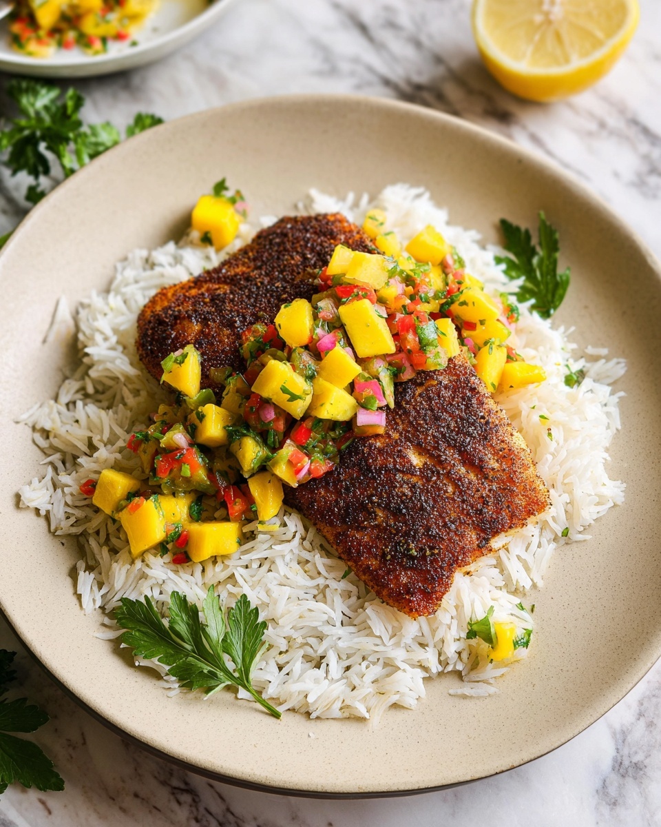 A beige plate holds a bed of white rice as the bottom layer, fluffy and spread out evenly. On top of the rice lies a dark brown, seasoned fish fillet with a slightly crispy texture, covering most of the rice. Bright yellow mango cubes mixed with small pieces of red pepper and green herbs form a colorful salsa, placed partly on the rice and partly on the fish. A few green parsley leaves are scattered on the fish and rice for garnish. The plate is set on a white marbled surface with a lemon wedge visible on a white dish in the background. Photo taken with an iphone --ar 4:5 --v 7