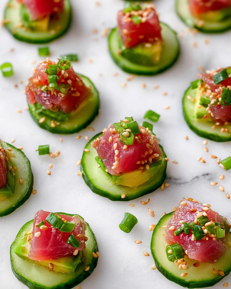 The image shows small round cucumber slices as the base, each topped with a small triangular piece of green avocado. On top of the avocado pieces, there are several small cubes of fresh pink and red tuna, giving a slightly shiny texture. The tuna is sprinkled with light beige sesame seeds and small pieces of chopped green onions. The cucumber slices and toppings are laid out on a white marbled surface with some scattered sesame seeds and green onion pieces around them. photo taken with an iphone --ar 4:5 --v 7
