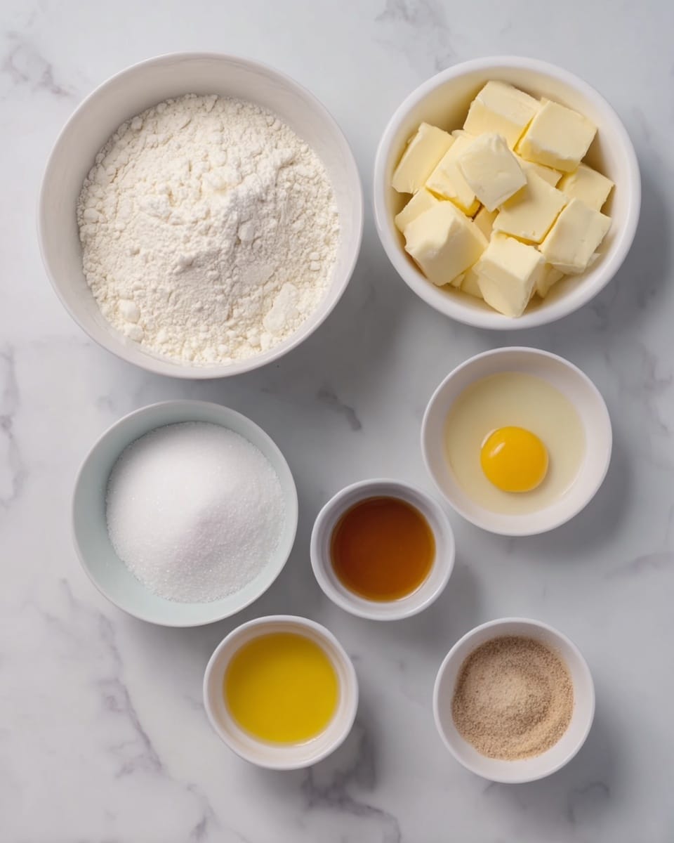 The image shows six small white bowls arranged on a white marbled surface. The largest bowl in the top left is filled with white flour. Next to it on the top right, a bowl holds small cubes of pale yellow butter. Below the flour bowl is another bowl filled with white powdered sugar. To the right of the powdered sugar are three smaller bowls in a row: the left one contains a clear light liquid, the middle holds a golden brown liquid, and the right one has a bright yellow egg yolk. Finally, at the bottom right is the smallest bowl with a small amount of light brown powder, likely a spice. The bowls are neatly spread with space between them. photo taken with an iphone --ar 4:5 --v 7