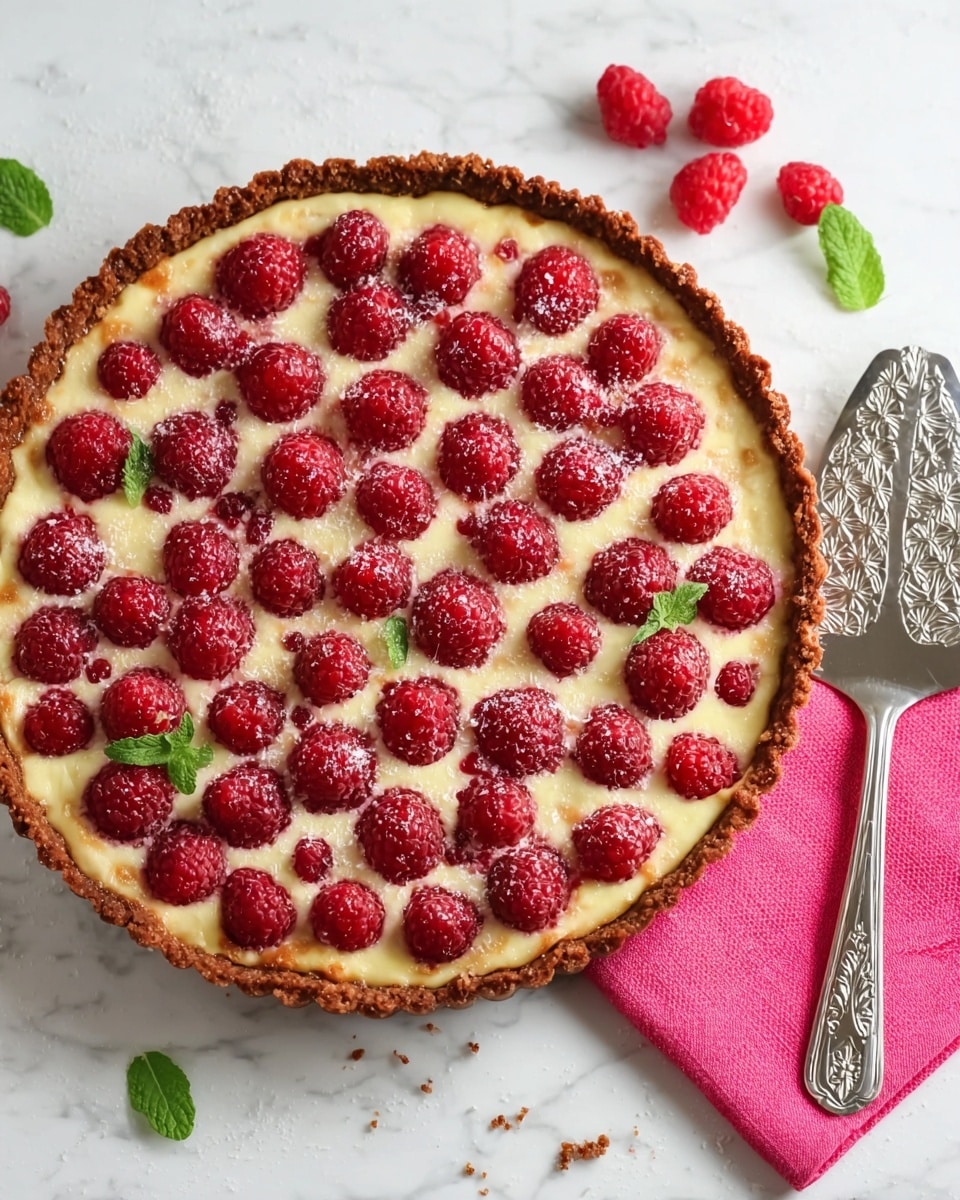 A round tart with a rough-edged golden brown crust sits on a white marbled surface. The tart has two visible layers: a baked, creamy pale yellow custard filling dotted with many whole, bright red raspberries evenly spread over the top. Some crumbs of raspberries and fresh green mint leaves are scattered around the tart. To the right is an ornate silver serving spatula placed on a bright pink cloth. The photo taken with an iphone --ar 4:5 --v 7