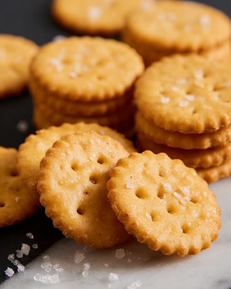 The image shows a close-up view of round, golden crackers with scalloped edges lying on a white marbled surface. The crackers have a slightly rough texture and small holes in the center. Some crackers are stacked in a line, while others lie flat, with a few sprinkled with coarse white salt crystals. The lighting highlights the warm tones and subtle grain of the crackers, making them look crisp and fresh. photo taken with an iphone --ar 4:5 --v 7