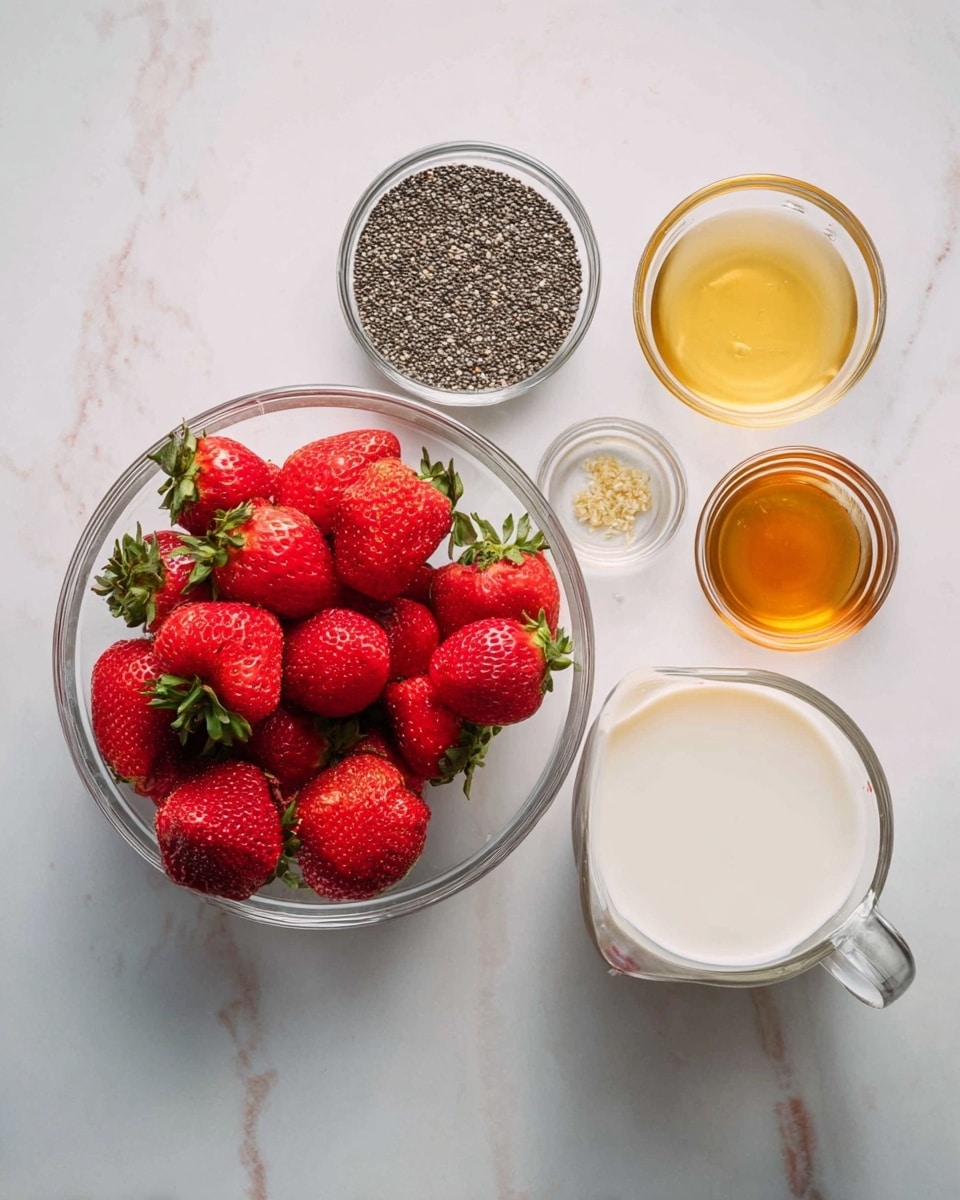 A white marbled surface holds five clear glass containers arranged evenly: a large bowl filled with whole red strawberries with green leaves sits center, a medium bowl of small dark chia seeds to the top left, a medium bowl with light golden honey below that, a small bowl of amber liquid to the top right, and a large measuring cup filled with creamy white milk to the bottom right photo taken with an iphone --ar 4:5 --v 7