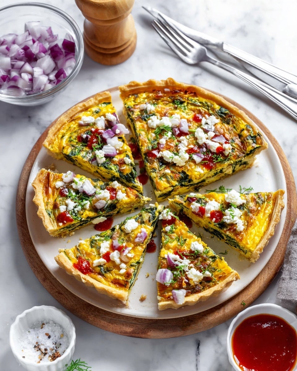 The image shows a white round plate with four slices of a savory tart. The tart has a golden-brown crust with a thick, yellow egg layer filled with green spinach and herbs. On top, there are scattered white cheese crumbles, small red sauce drops, and chopped purple onion pieces. The plate rests on a white marbled surface, surrounded by a glass bowl of diced purple onion, a wooden container with salt, and a small white bowl with red sauce. Two metal forks are placed above the plate. Photo taken with an iphone --ar 4:5 --v 7