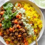 Golden Rice Bowls with Spiced Ground Beef, Carrots, and Cilantro Lime Sauce Recipe