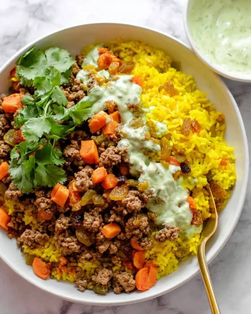 Golden Rice Bowls with Spiced Ground Beef, Carrots, and Cilantro Lime Sauce Recipe